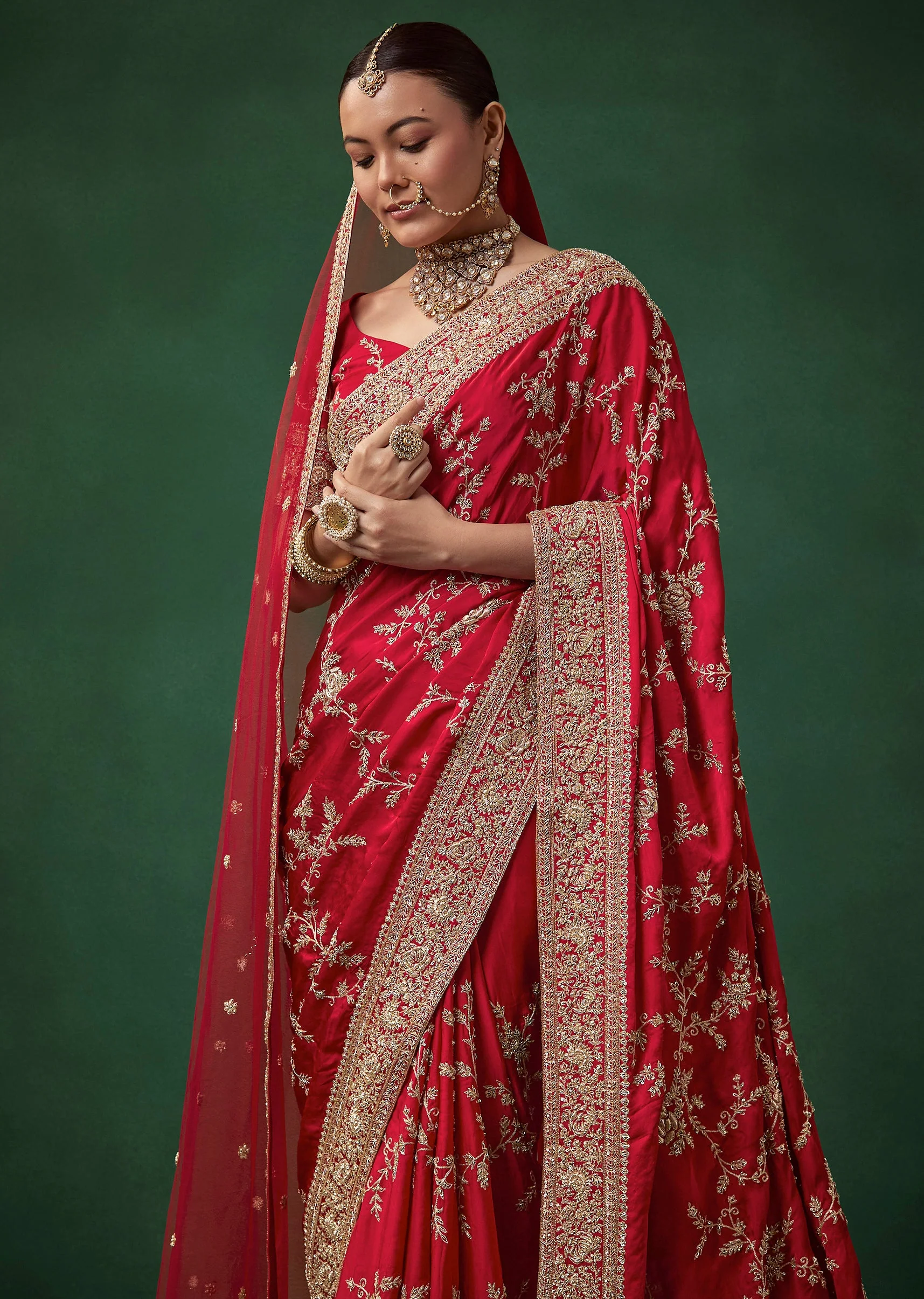 Red Bridal Soft Silk Embroidered Saree with Unstitched Blouse - Image 5