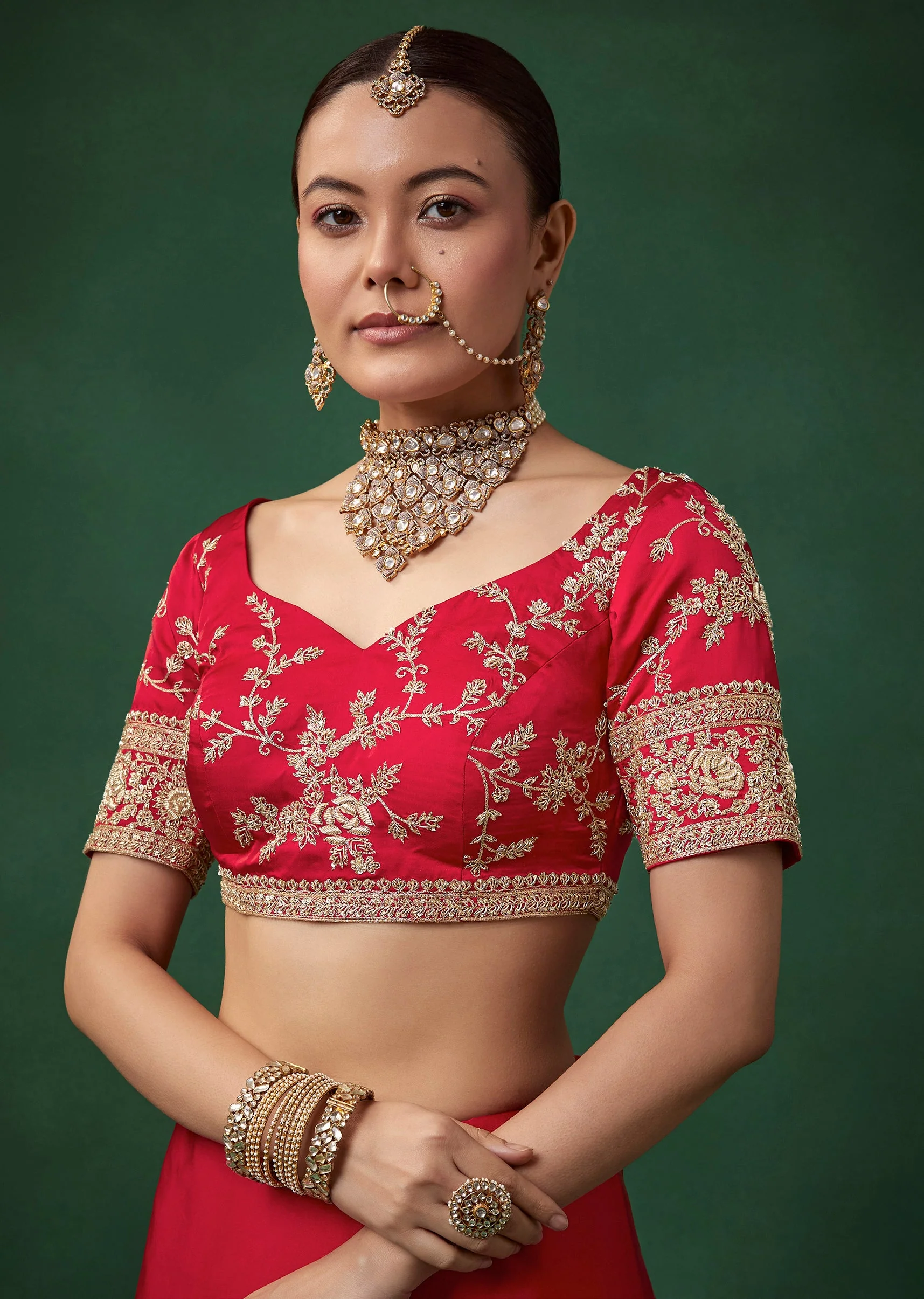 Red Bridal Soft Silk Embroidered Saree with Unstitched Blouse - Image 7