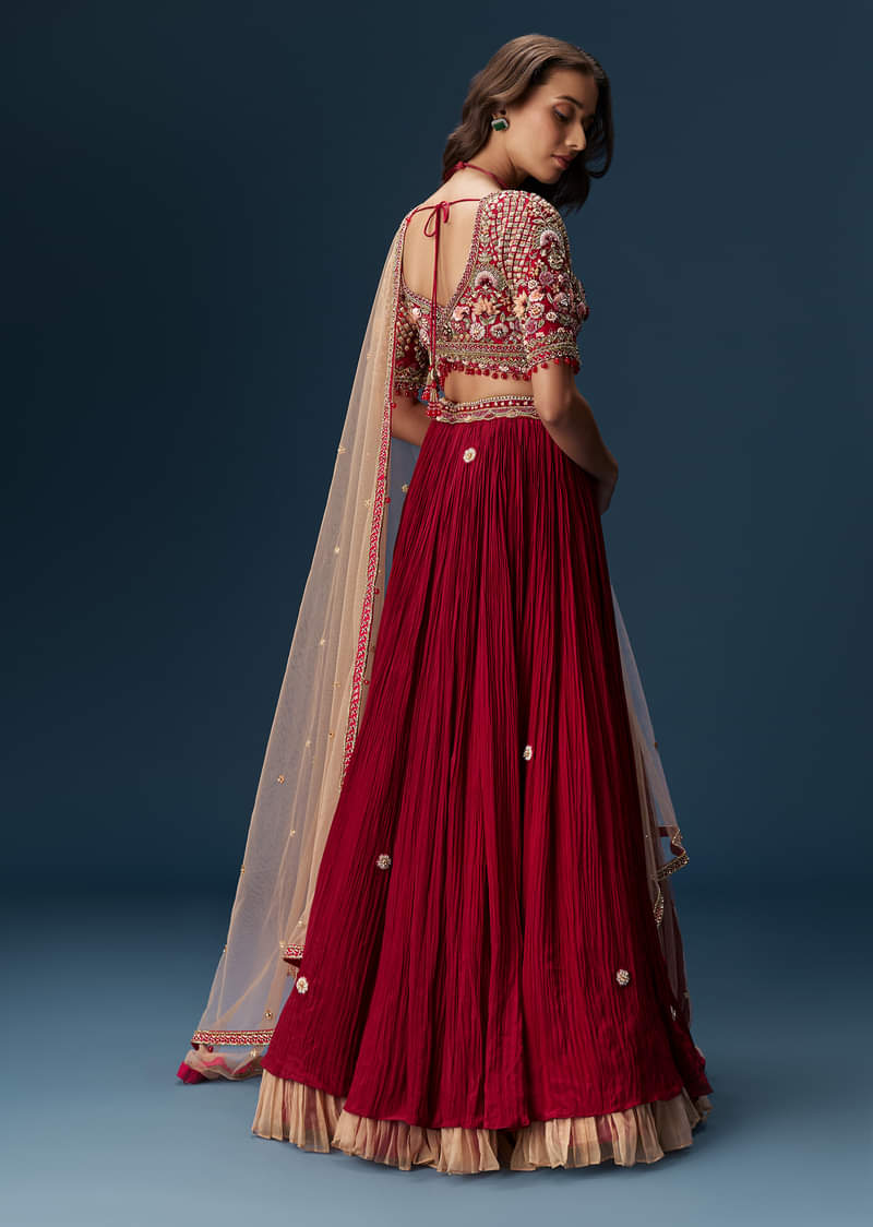 Red Bridesmaid Lehenga With Half Sleeve Embroidered Blouse And Dupatta - Image 3