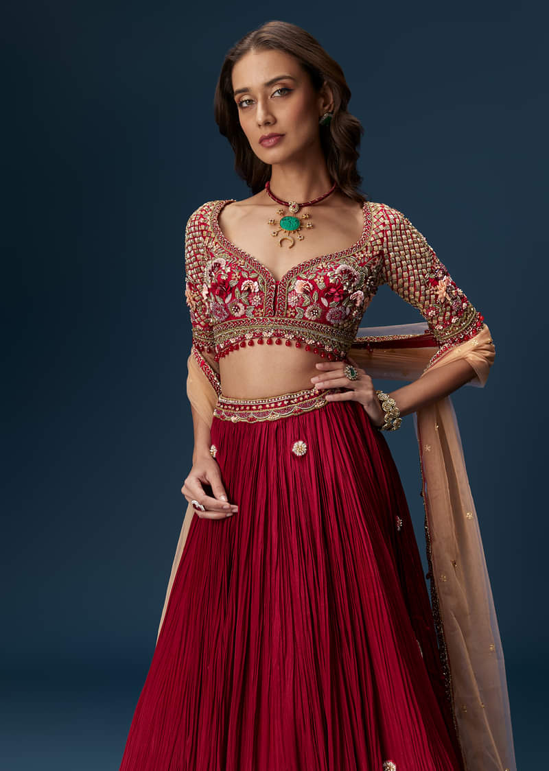 Red Bridesmaid Lehenga With Half Sleeve Embroidered Blouse And Dupatta - Image 5