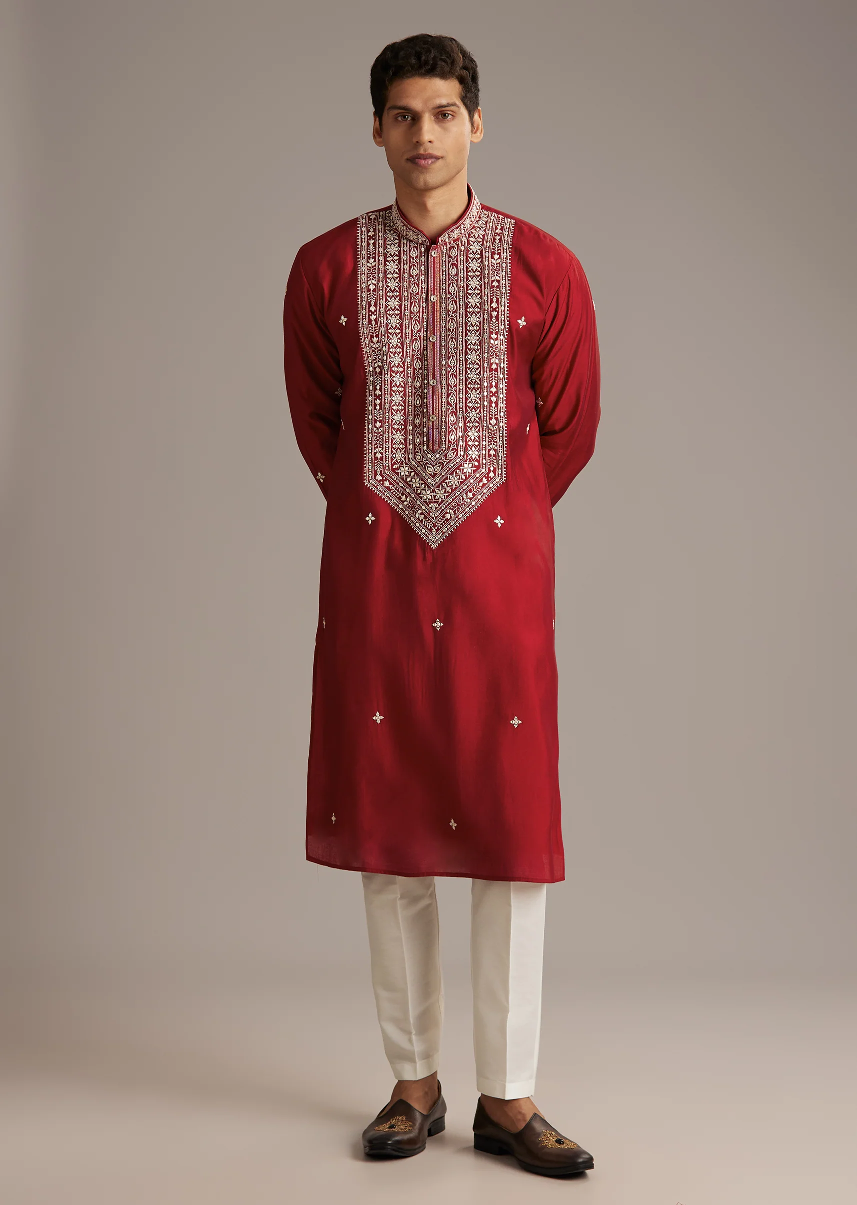 Red Celebration Duo – Printed Saree For Her And Kurta Set For Him - Image 10