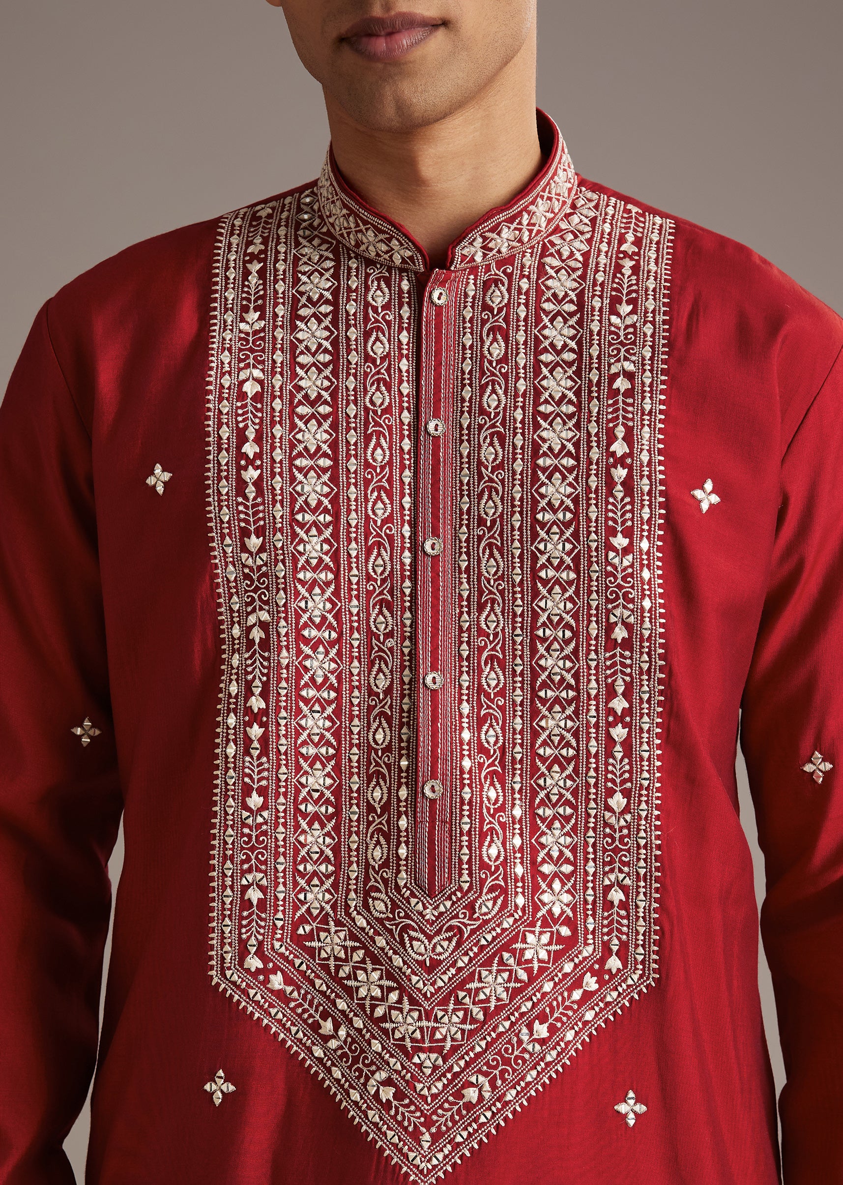 Red Celebration Duo – Printed Saree For Her And Kurta Set For Him - Image 11