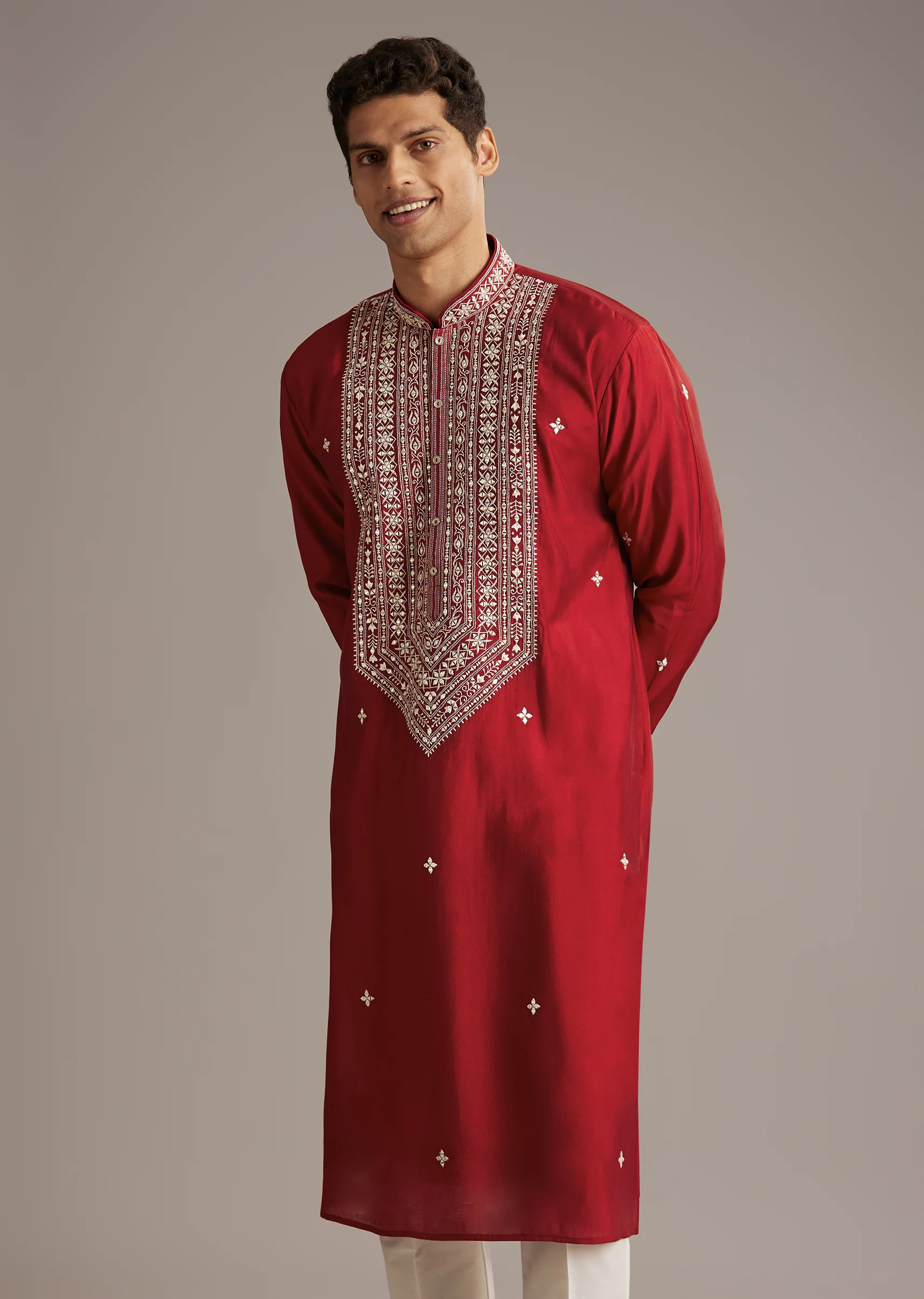 Red Celebration Duo – Printed Saree For Her And Kurta Set For Him - Image 12