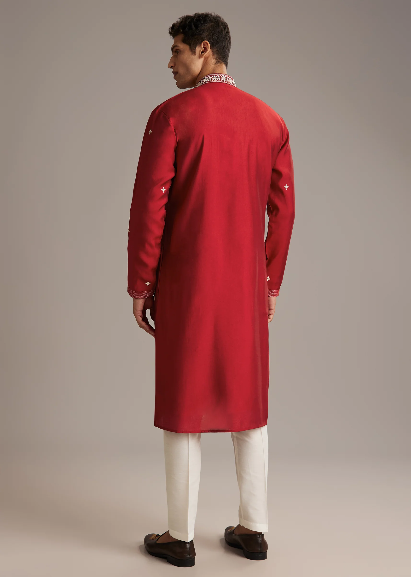 Red Celebration Duo – Printed Saree For Her And Kurta Set For Him - Image 13