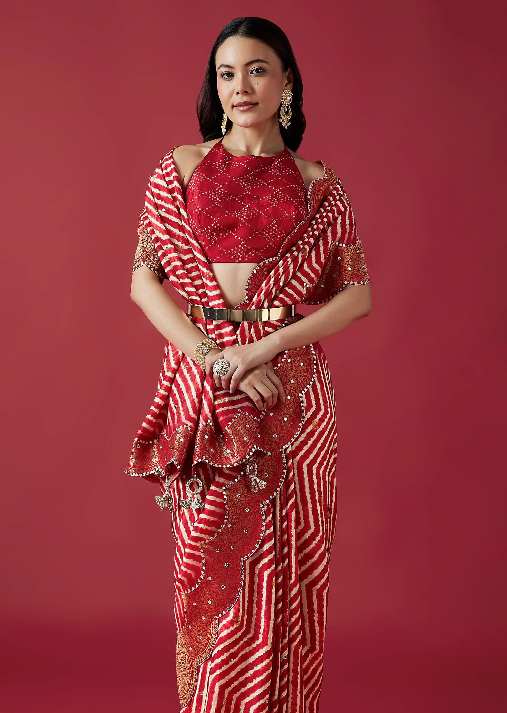 Red Celebration Duo – Printed Saree For Her And Kurta Set For Him - Image 4