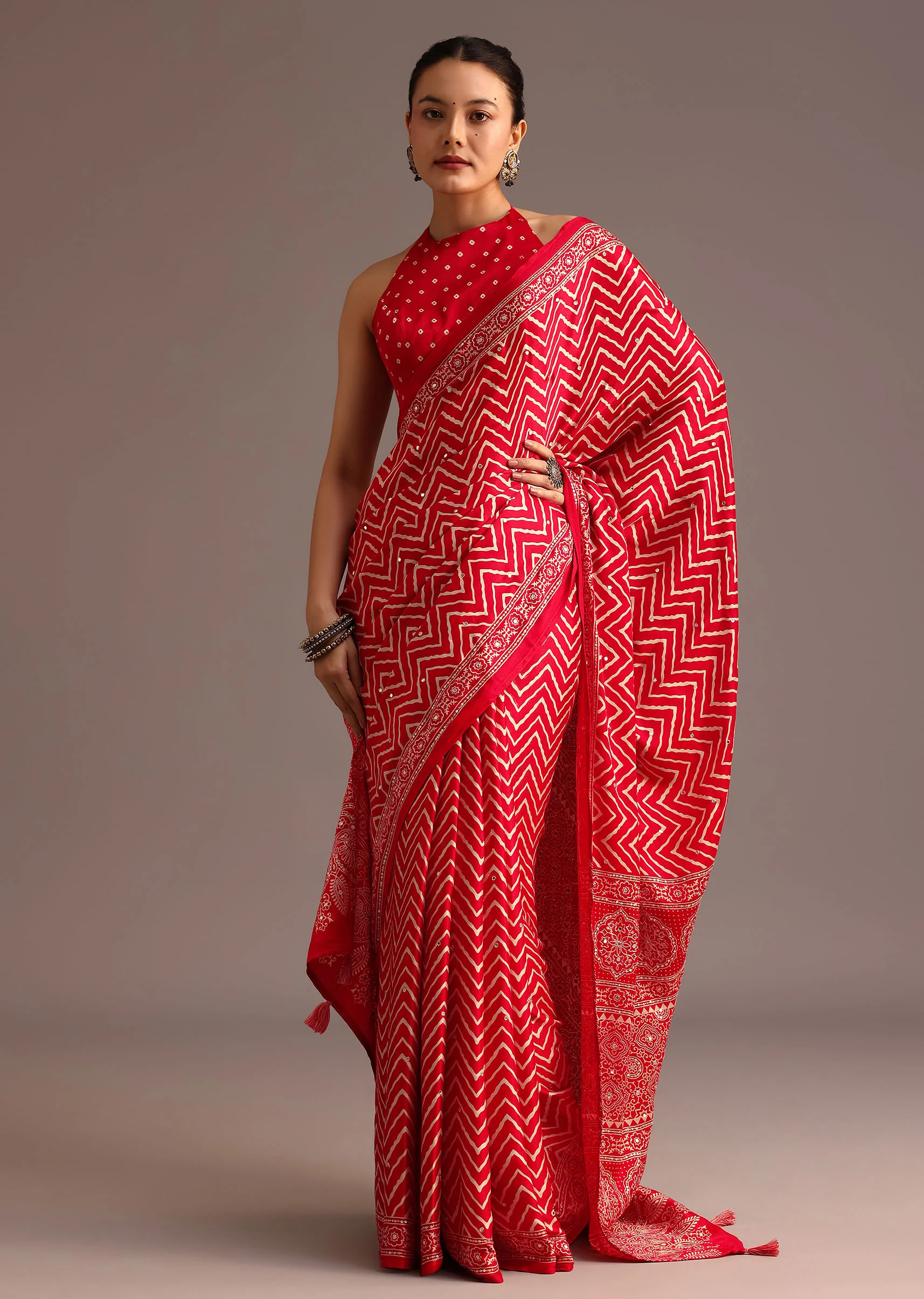 Red Chevron Printed Satin Saree - Image 3