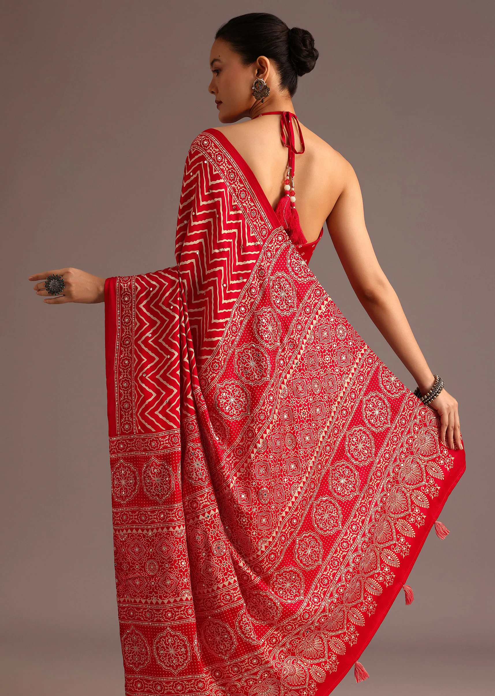 Red Chevron Printed Satin Saree - Image 4