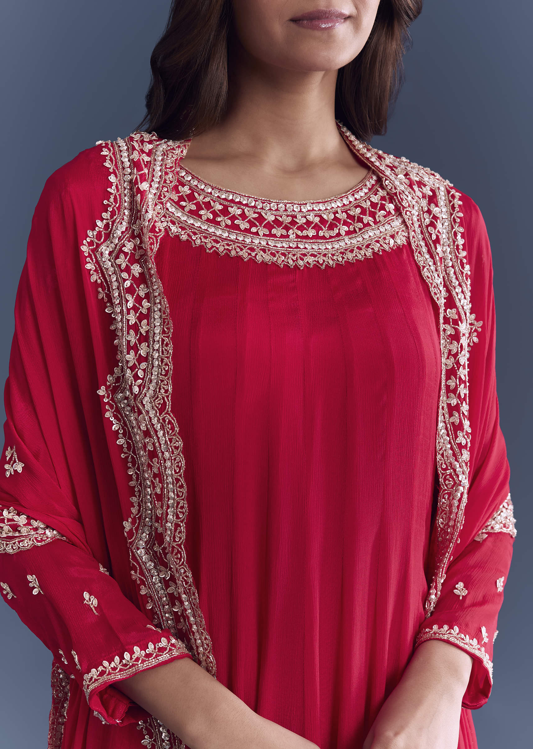 Red Chinon Anarkali Suit With Cutdana And Sequins Embroidery - Image 2