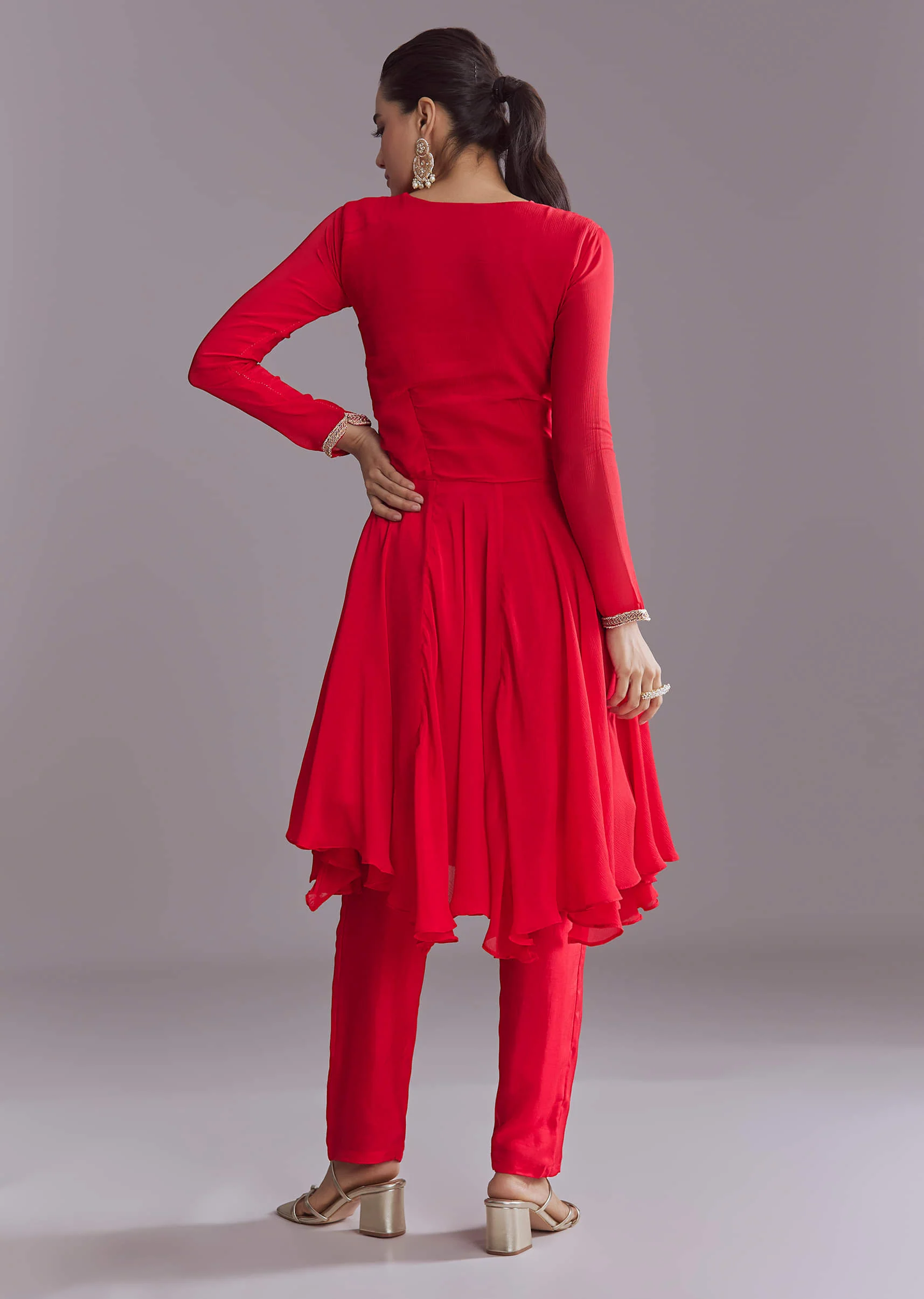 Red Chinon Peplum Kurta Set With Zardosi Work - Image 5