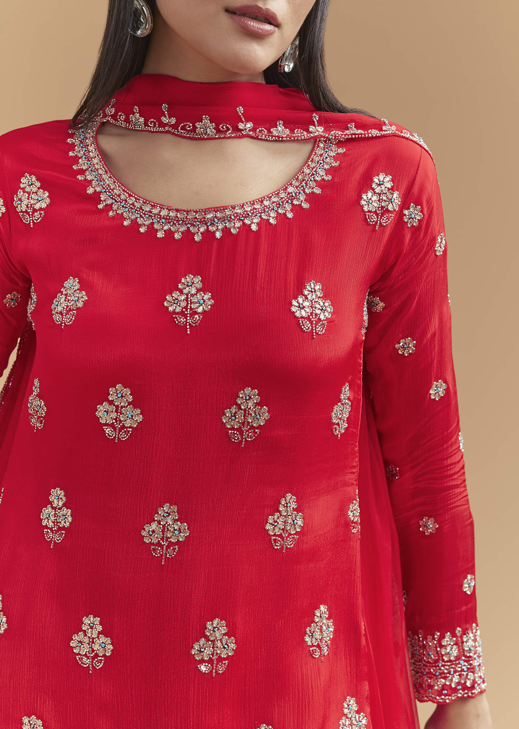 Red Chinon Sharara Suit With Intricate Cutdana Work - Image 2
