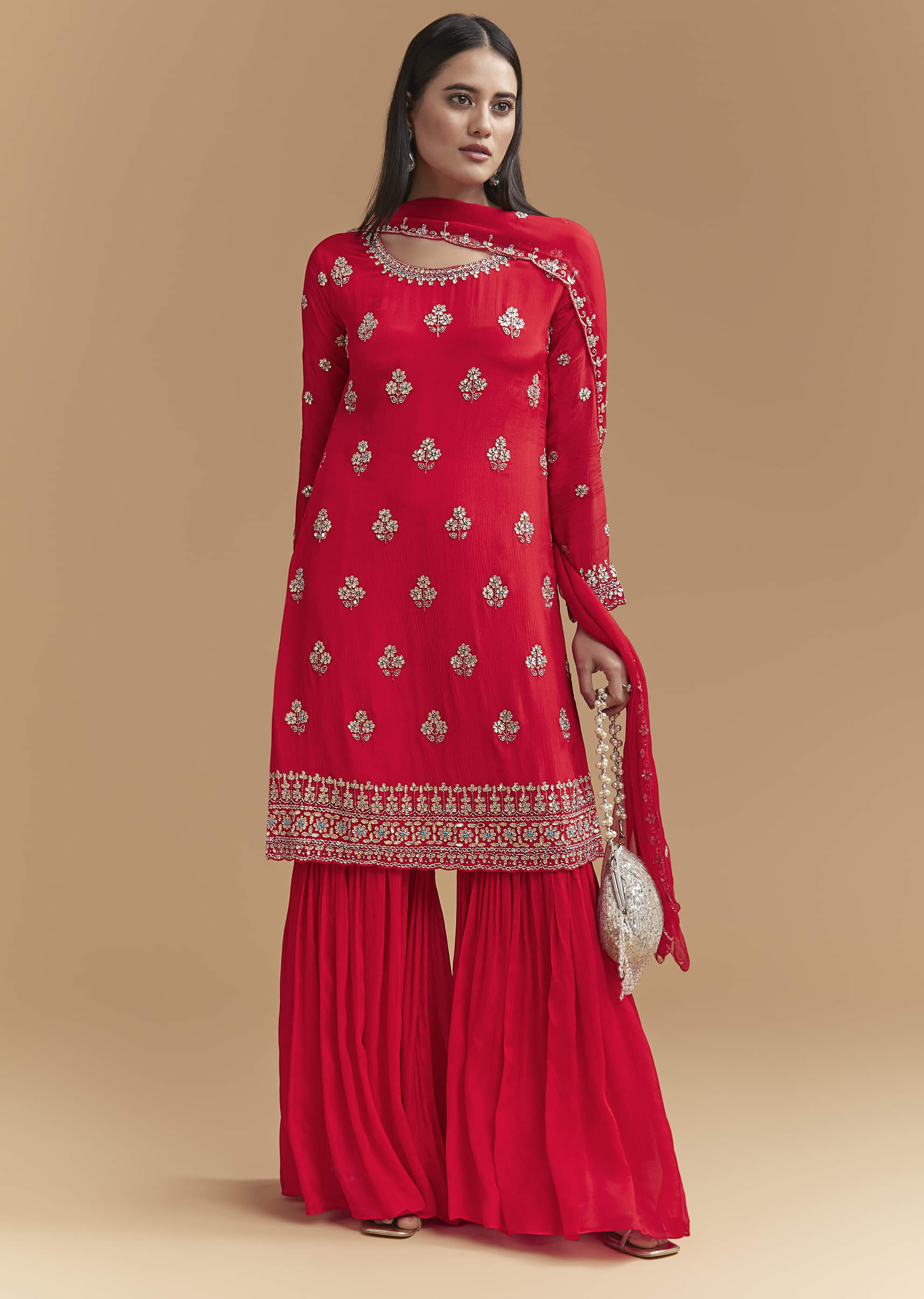 Red Chinon Sharara Suit With Intricate Cutdana Work - Image 3
