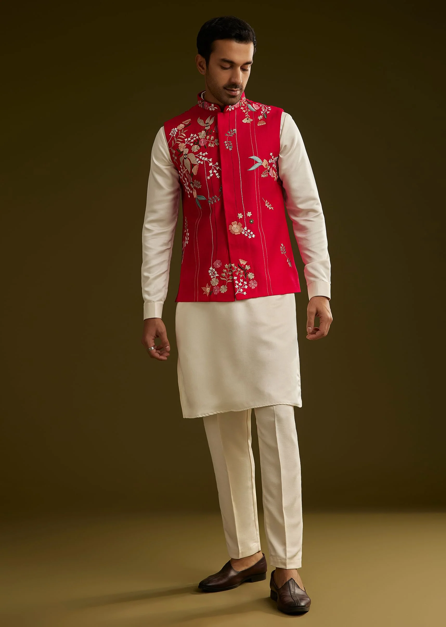 Red Cotton Silk Kurta Set With Nature Motif Jacket - Image 3