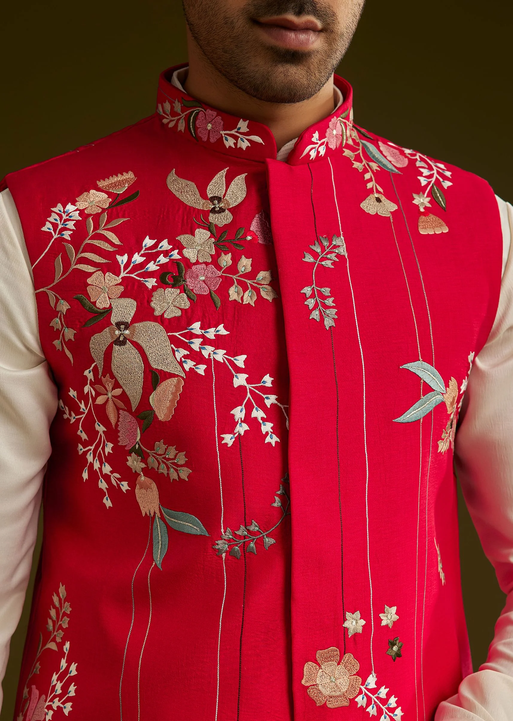 Red Cotton Silk Kurta Set With Nature Motif Jacket - Image 4