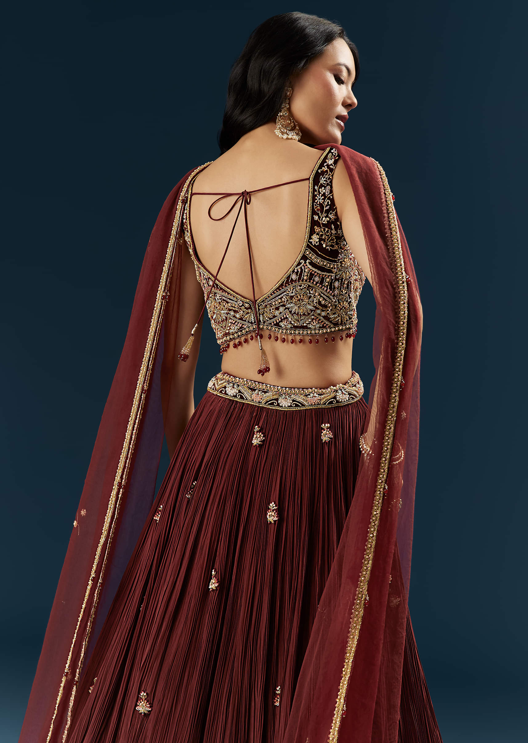 Red Crepe Bridesmaid Lehenga With Heavy Embroidery - Image 6