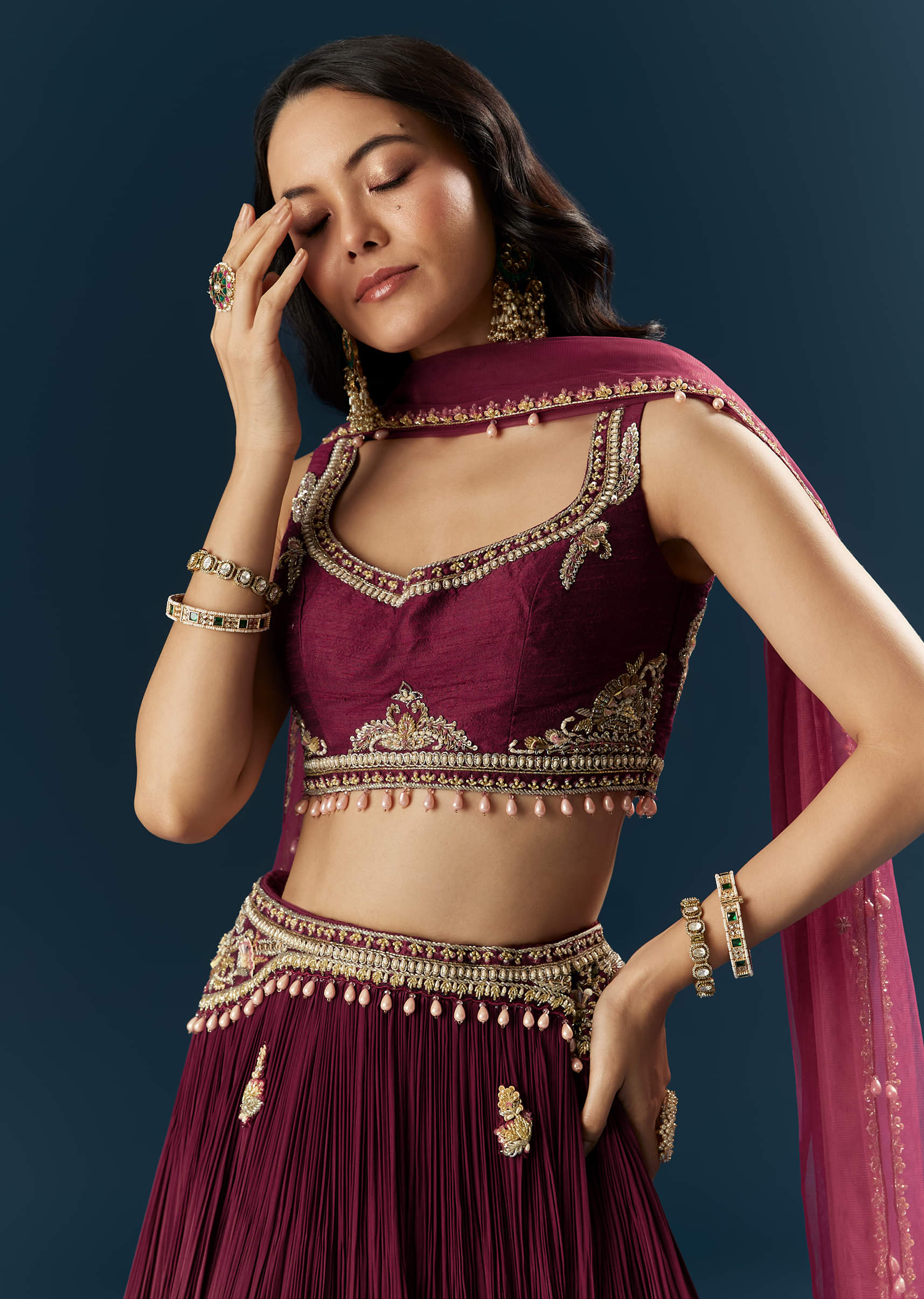 Red Crepe Bridesmaid Lehenga With Sequins And Moti Embroidery - Image 3