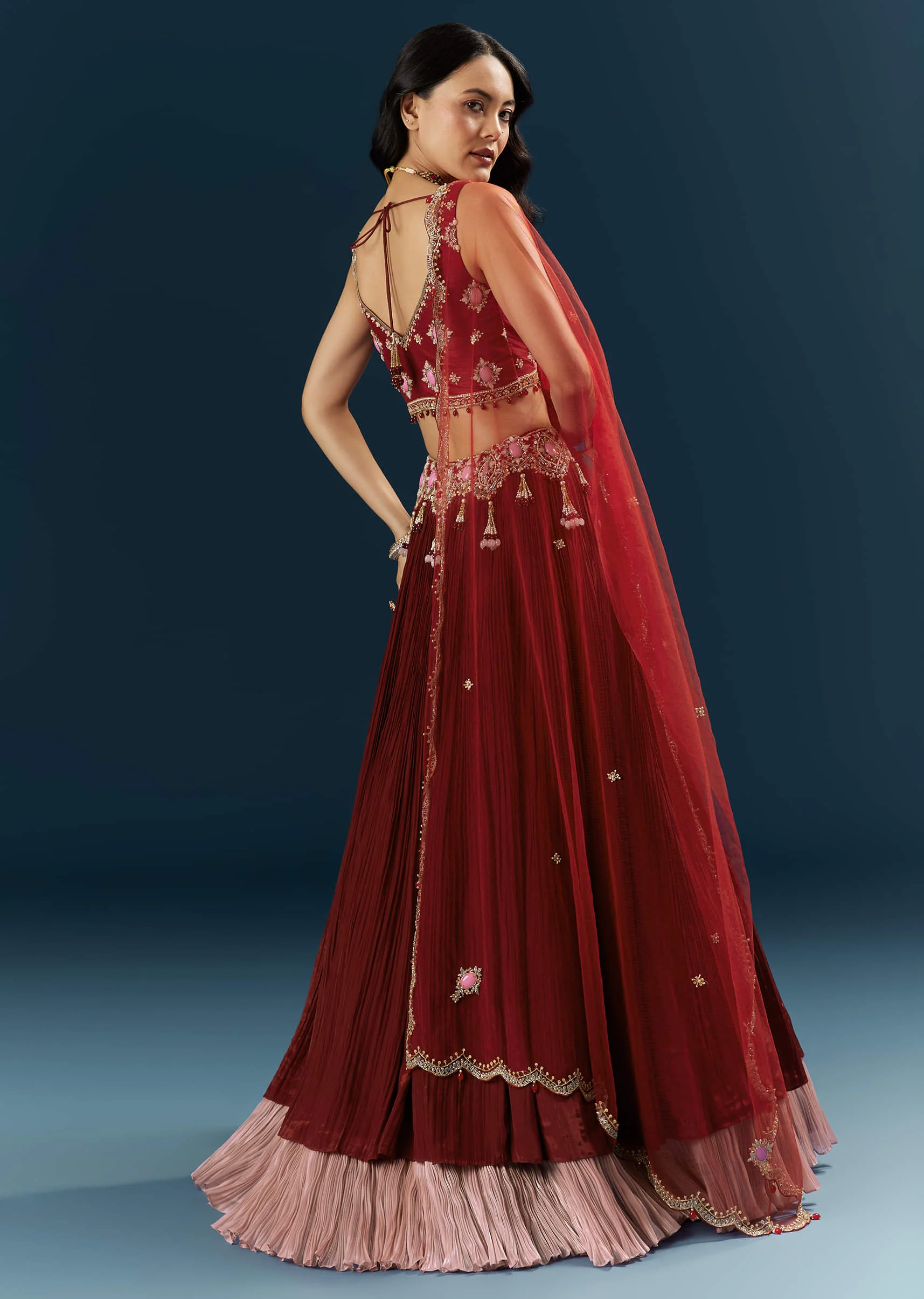 Red Crepe Bridesmaid Lehenga With Stone Work - Image 2