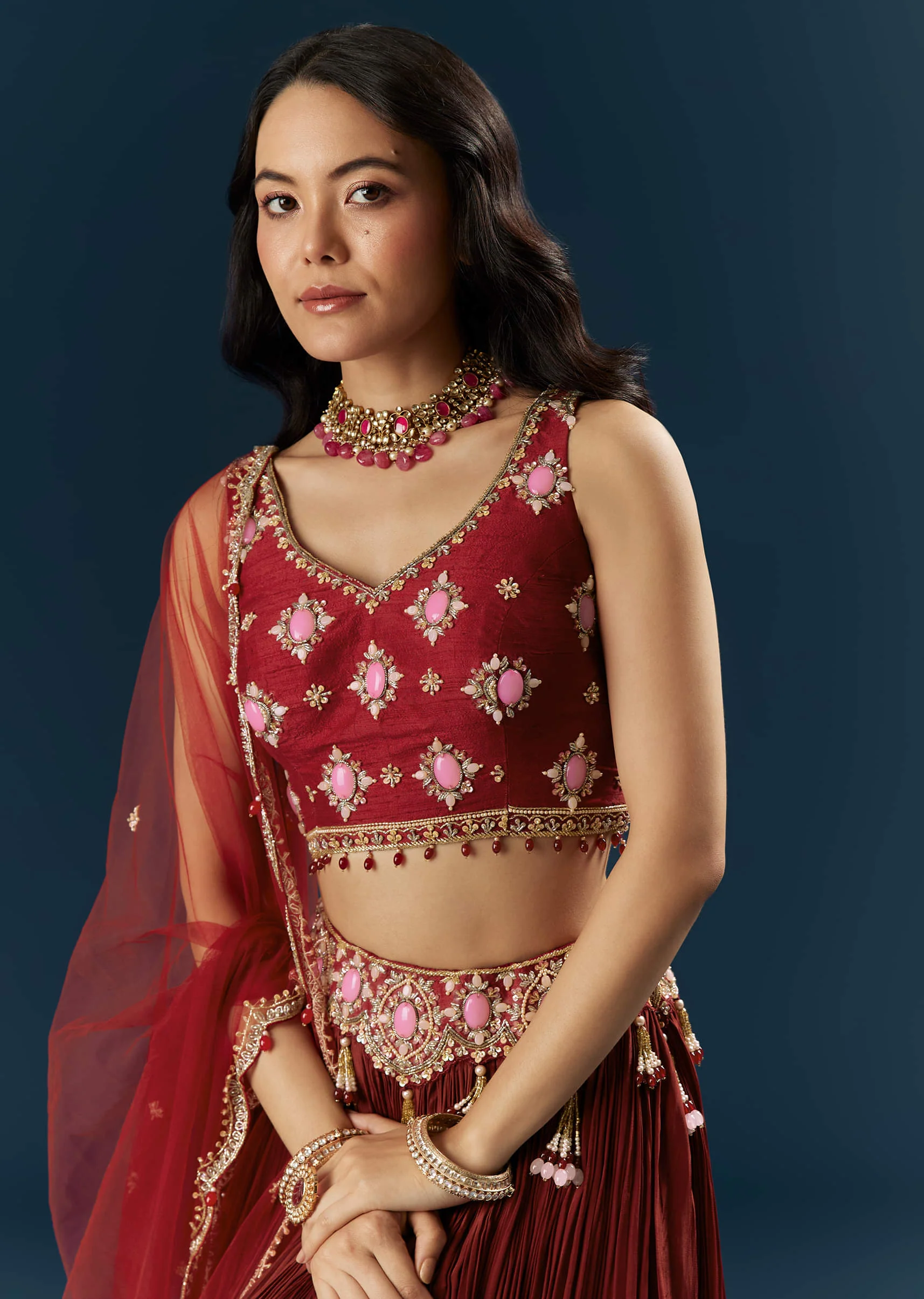 Red Crepe Bridesmaid Lehenga With Stone Work - Image 3