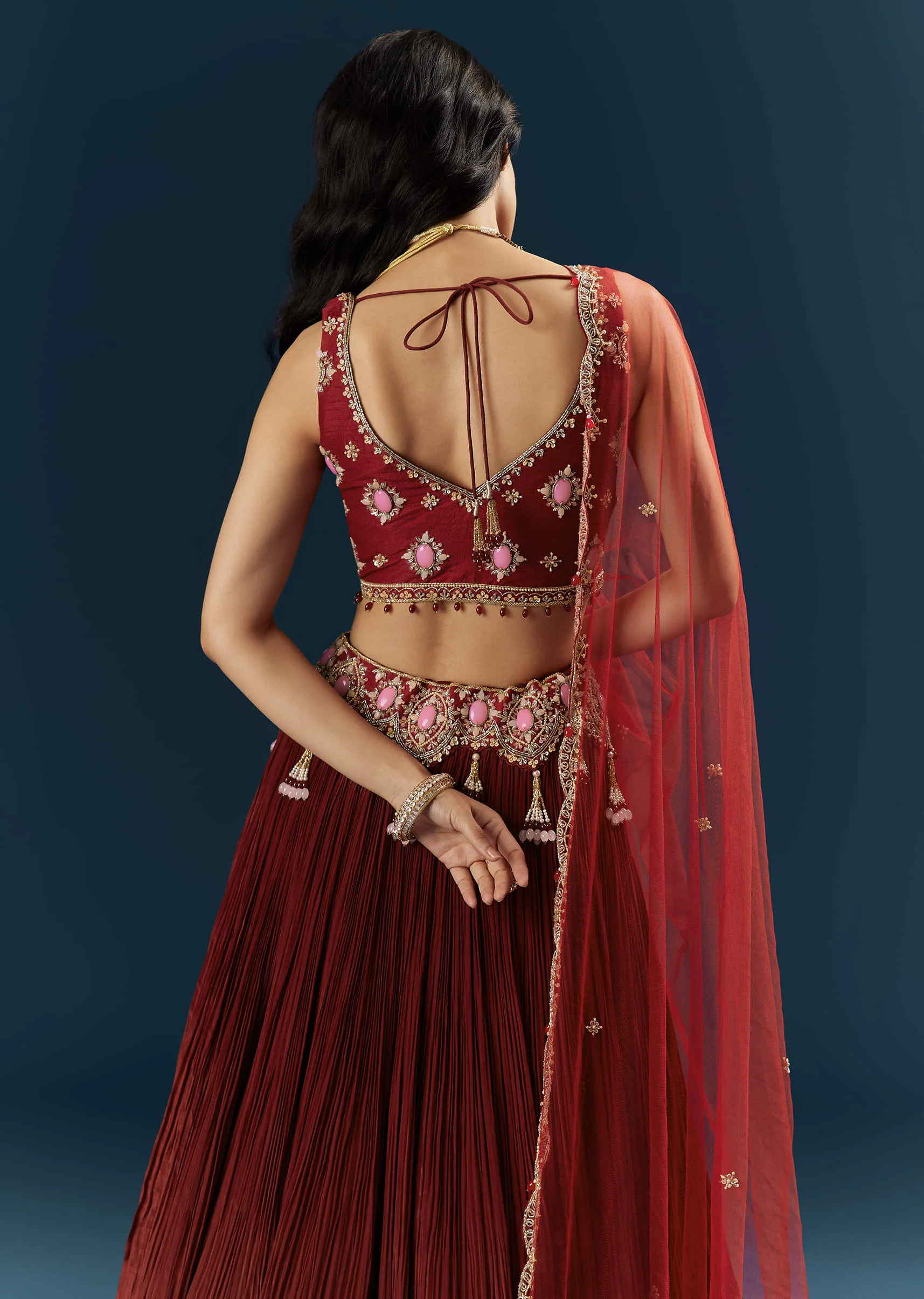 Red Crepe Bridesmaid Lehenga With Stone Work - Image 6