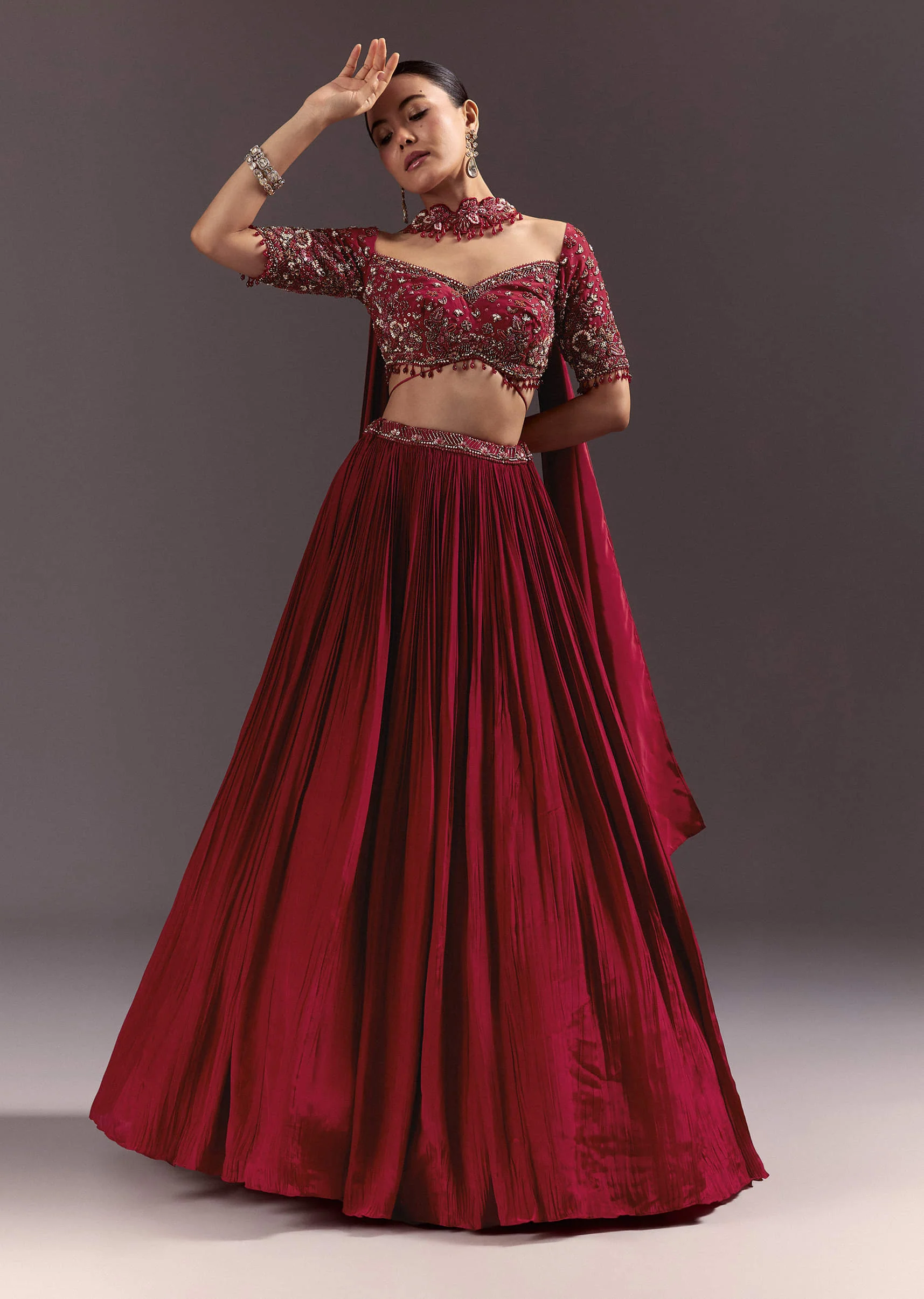 Red Crepe Hand Embroidered Lehenga Set With Dupatta - Image 4