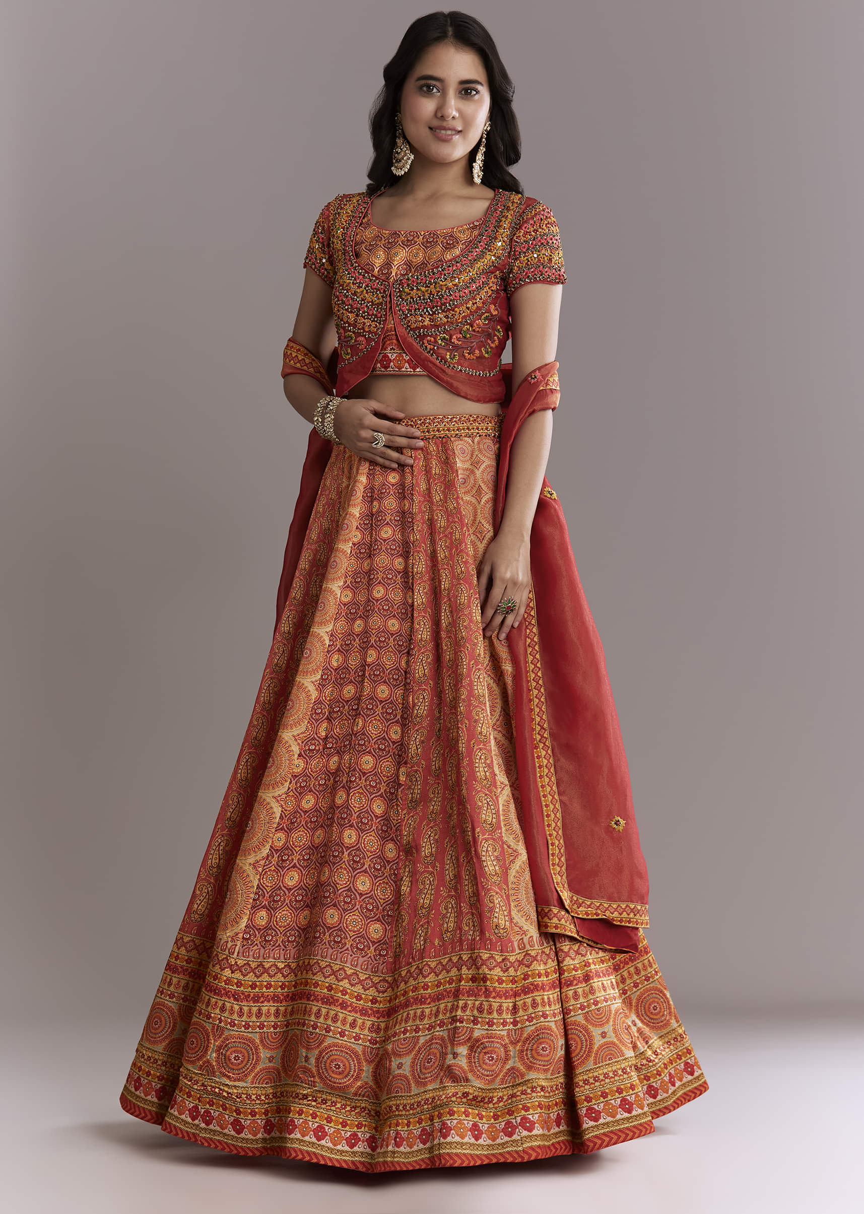 Red Crepe Printed Bridesmaid Lehenga With Intricate Hand Embroidery - Image 4