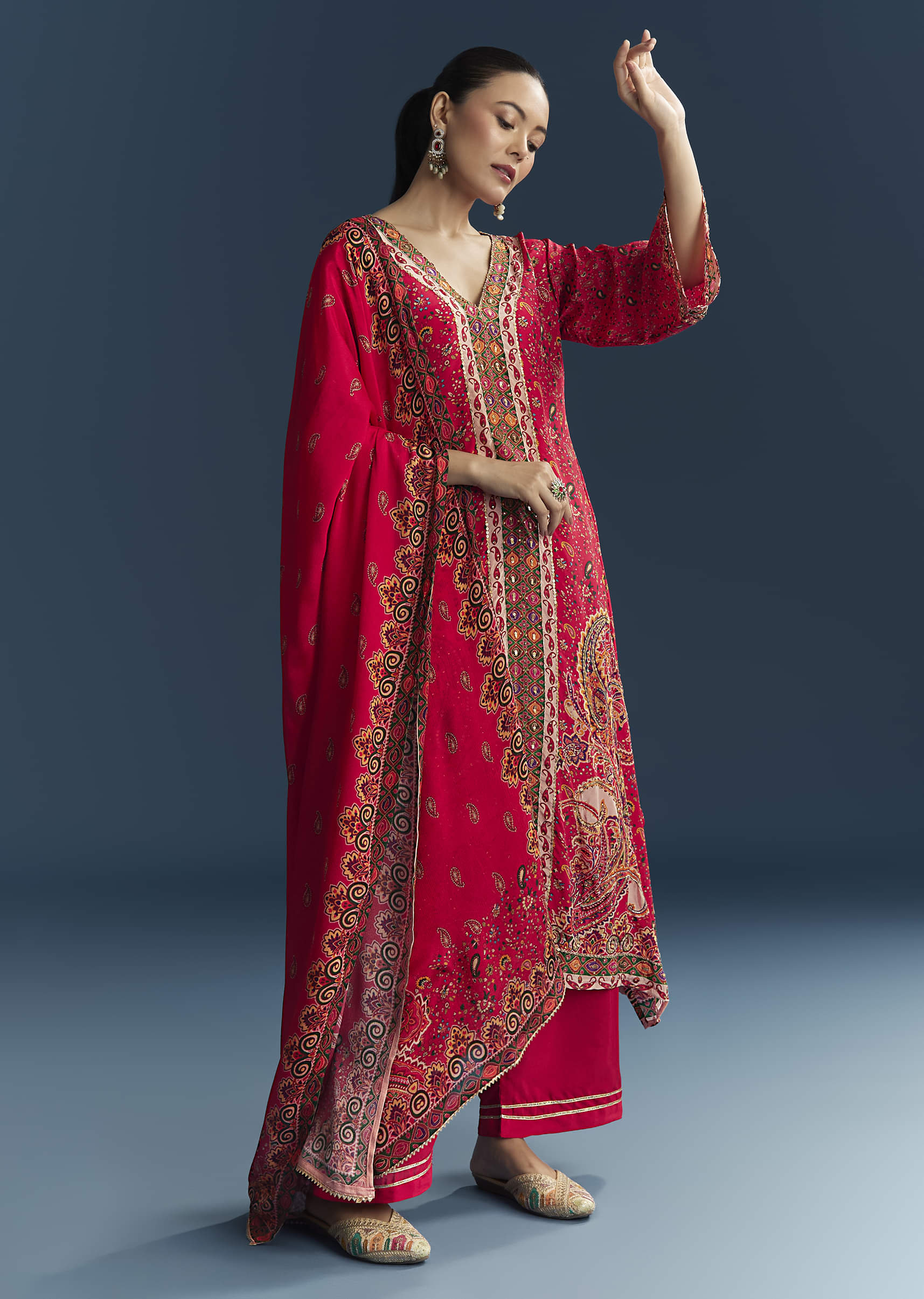 Red Crepe Printed Kurta Set - Image 3
