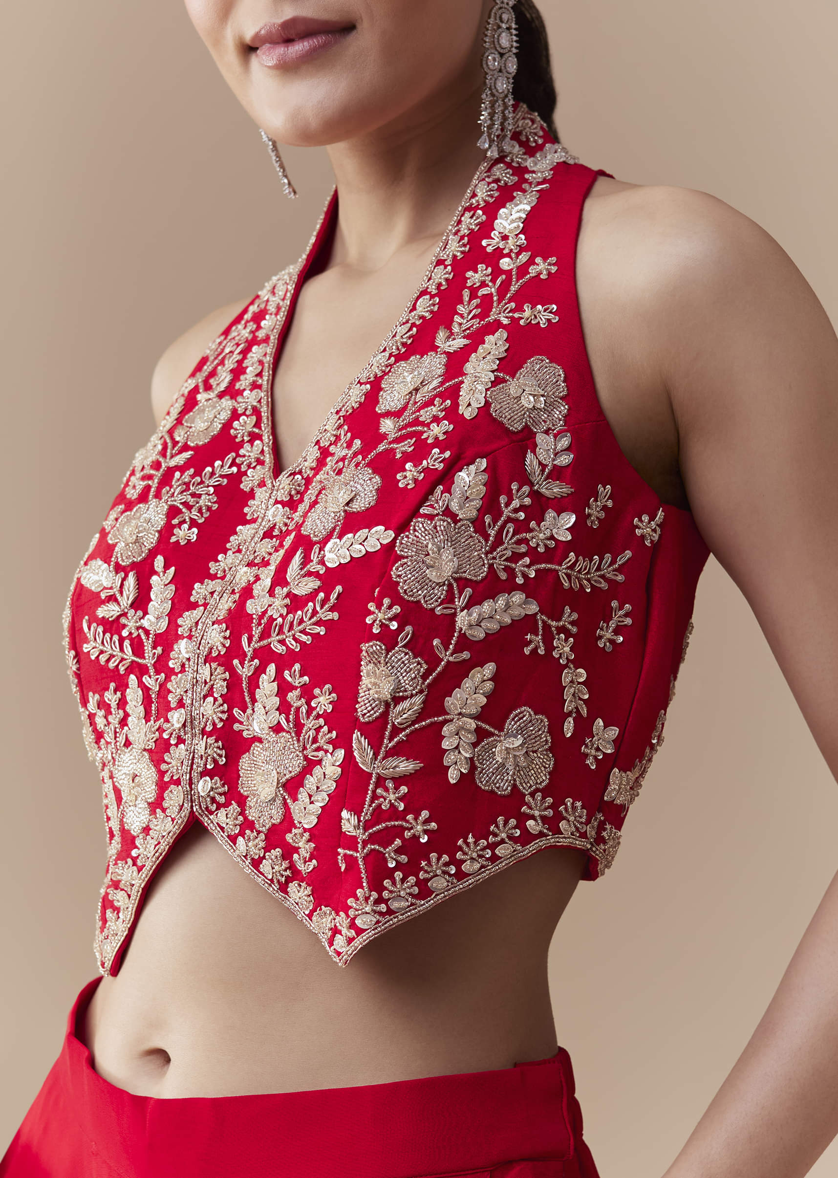 Red Crop Top Silk Palazzo Set with Cudtana Embroidery - Image 2
