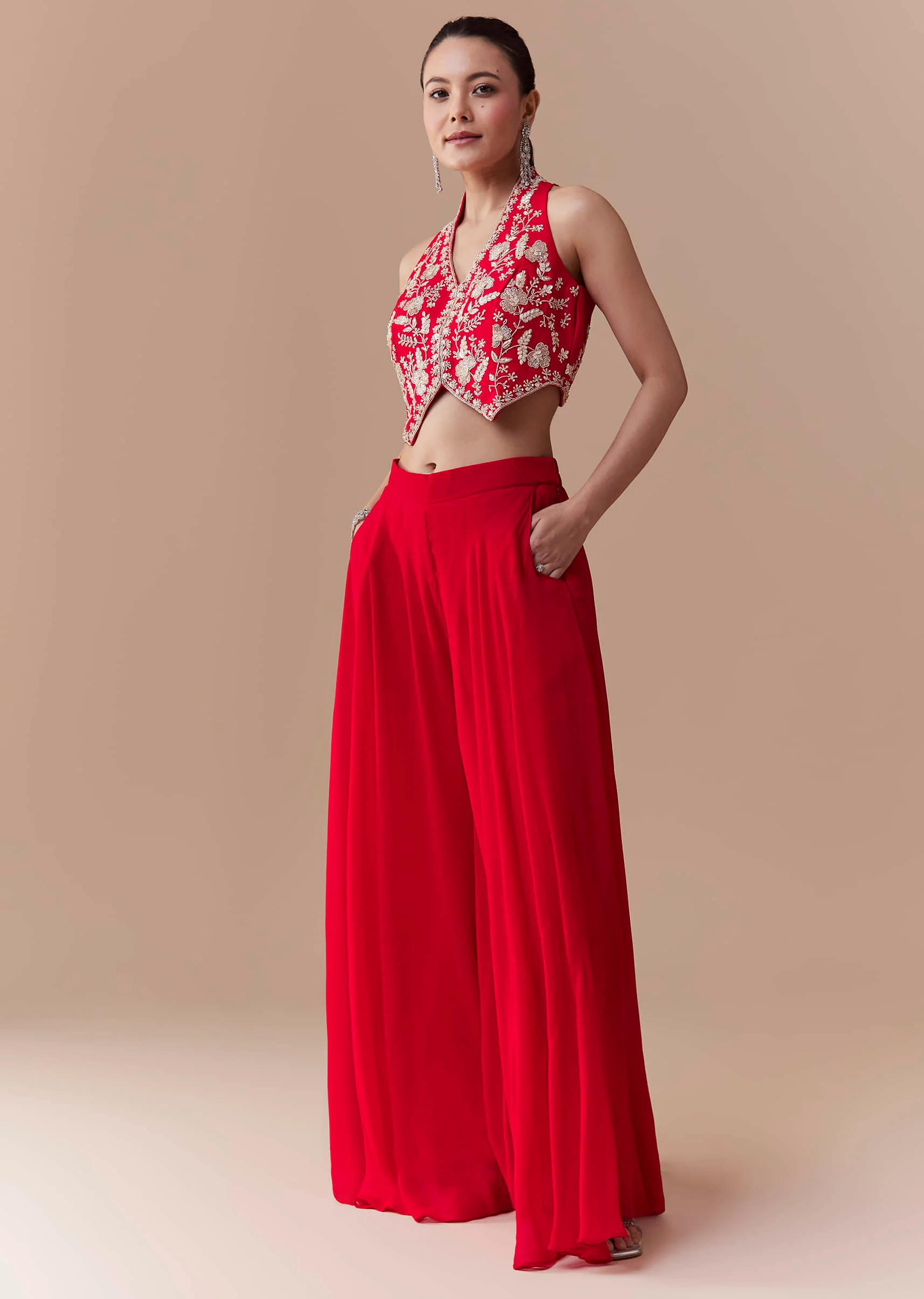 Red Crop Top Silk Palazzo Set with Cudtana Embroidery - Image 3