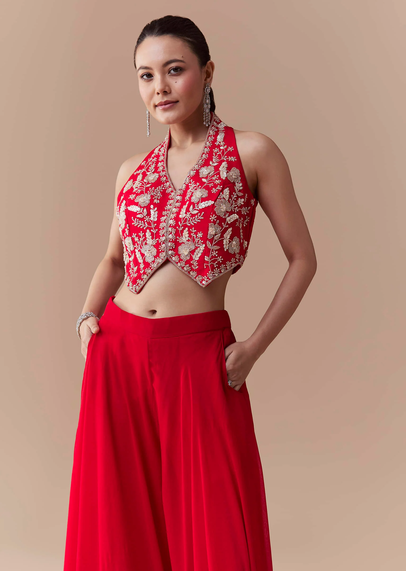 Red Crop Top Silk Palazzo Set with Cudtana Embroidery - Image 4