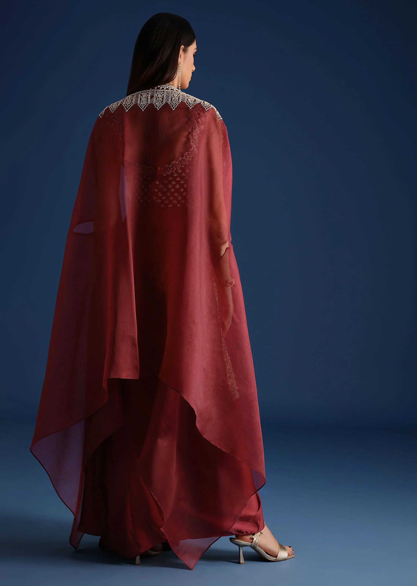 Red Cutdana Work Jacket With Draped Skirt And Crop Top - Image 5