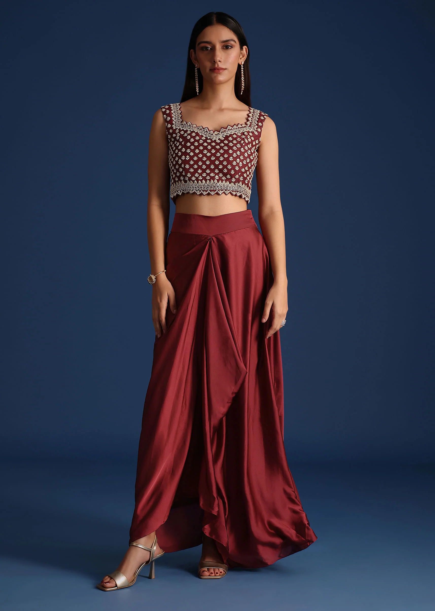 Red Cutdana Work Jacket With Draped Skirt And Crop Top - Image 6