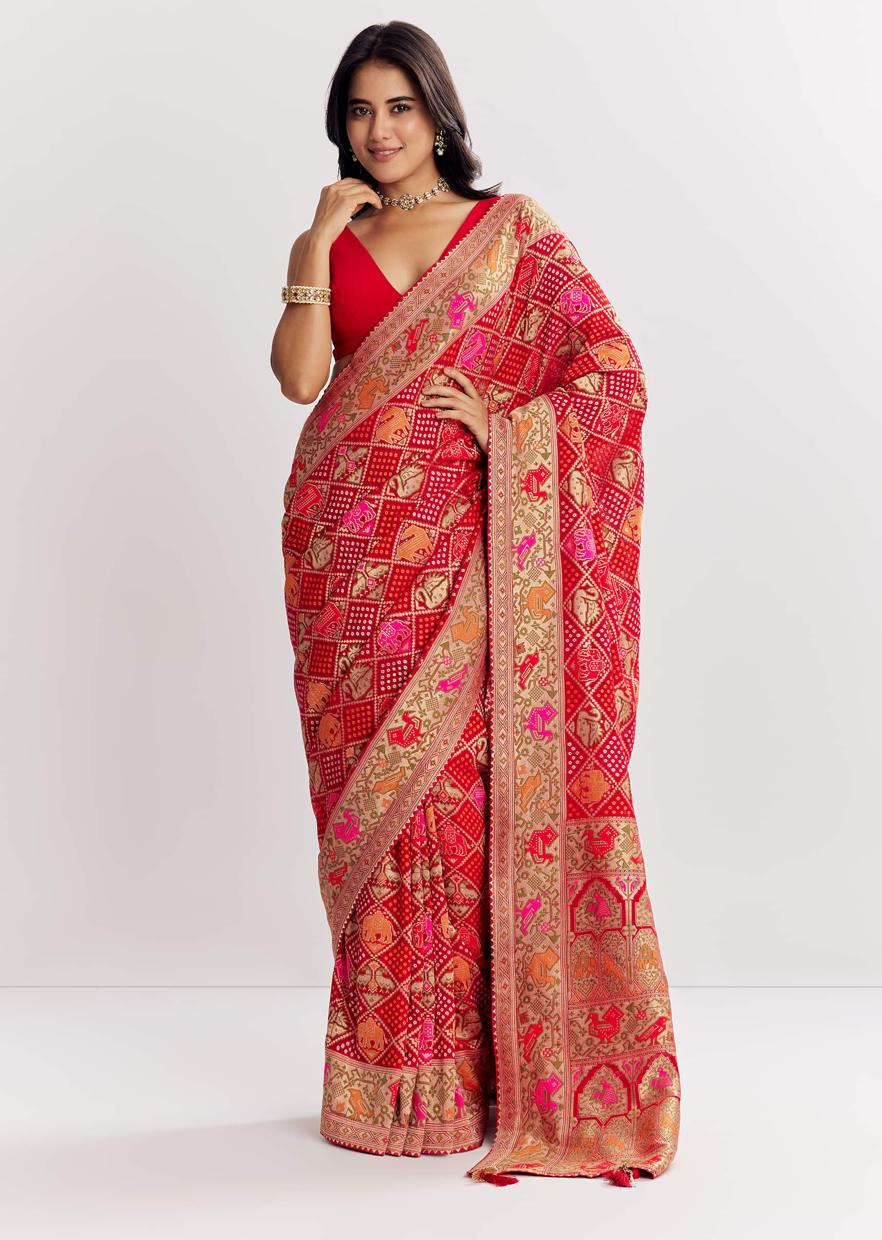 Red Dola Silk Bandhani Saree With Multicolor Animal Motifs And Gota Border - Image 3