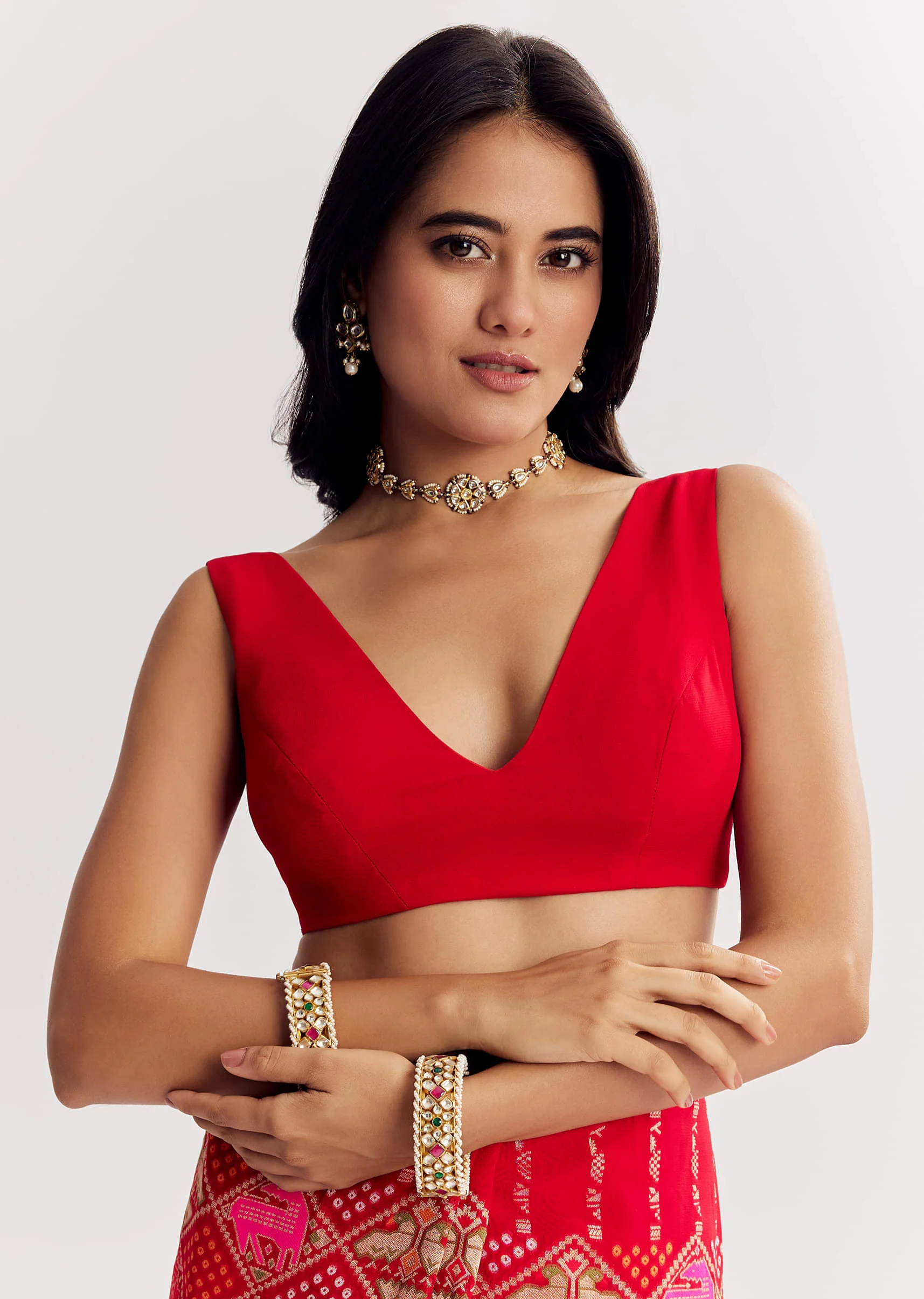 Red Dola Silk Bandhani Saree With Multicolor Animal Motifs And Gota Border - Image 7