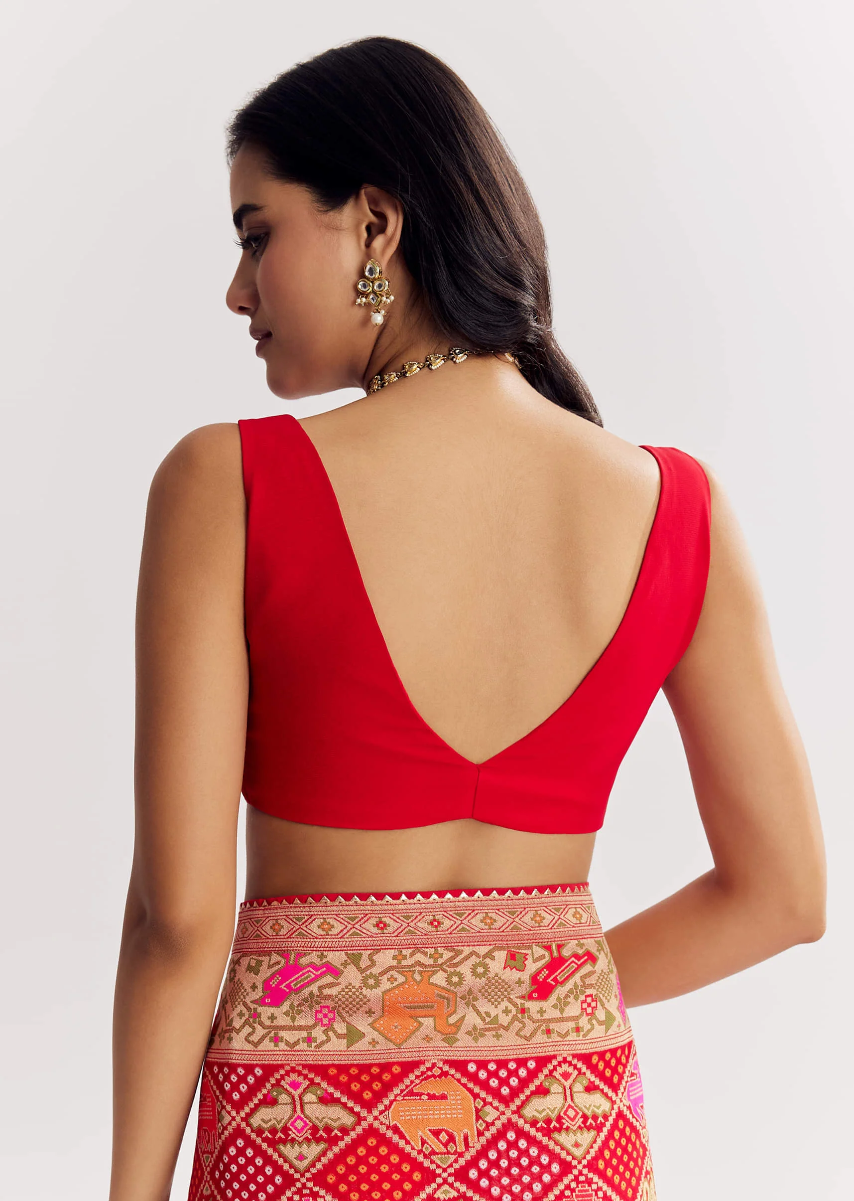 Red Dola Silk Bandhani Saree With Multicolor Animal Motifs And Gota Border - Image 8