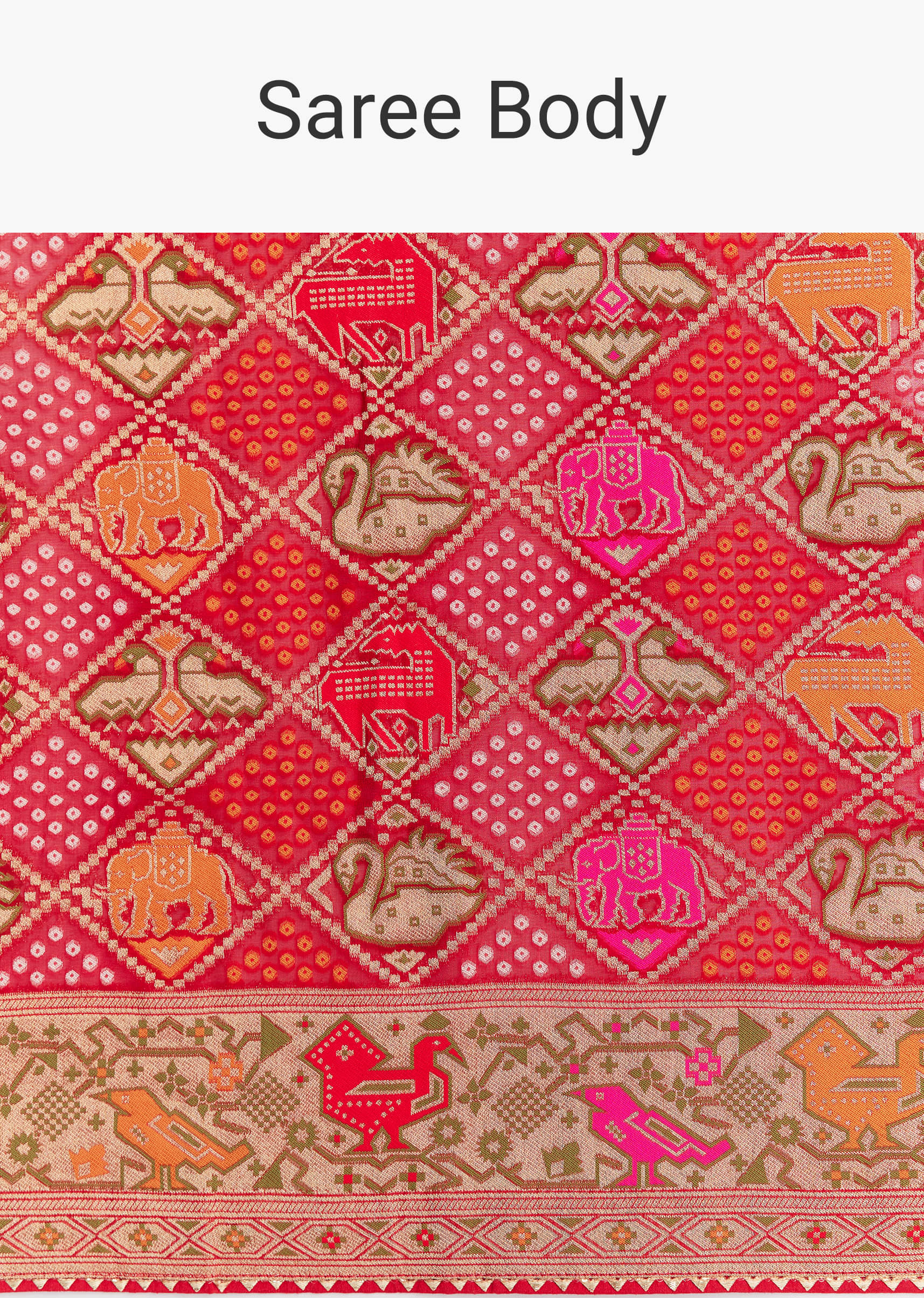 Red Dola Silk Bandhani Saree With Multicolor Animal Motifs And Gota Border - Image 9