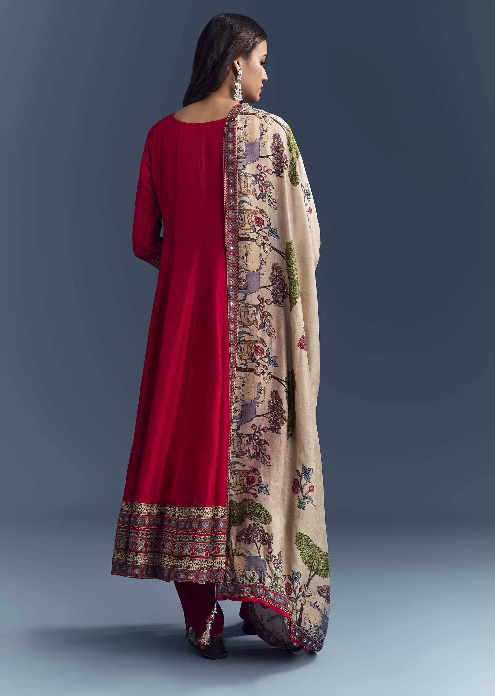 Red Dola Silk Printed Anarkali Suit With Intricate Hand Embroidery - Image 5
