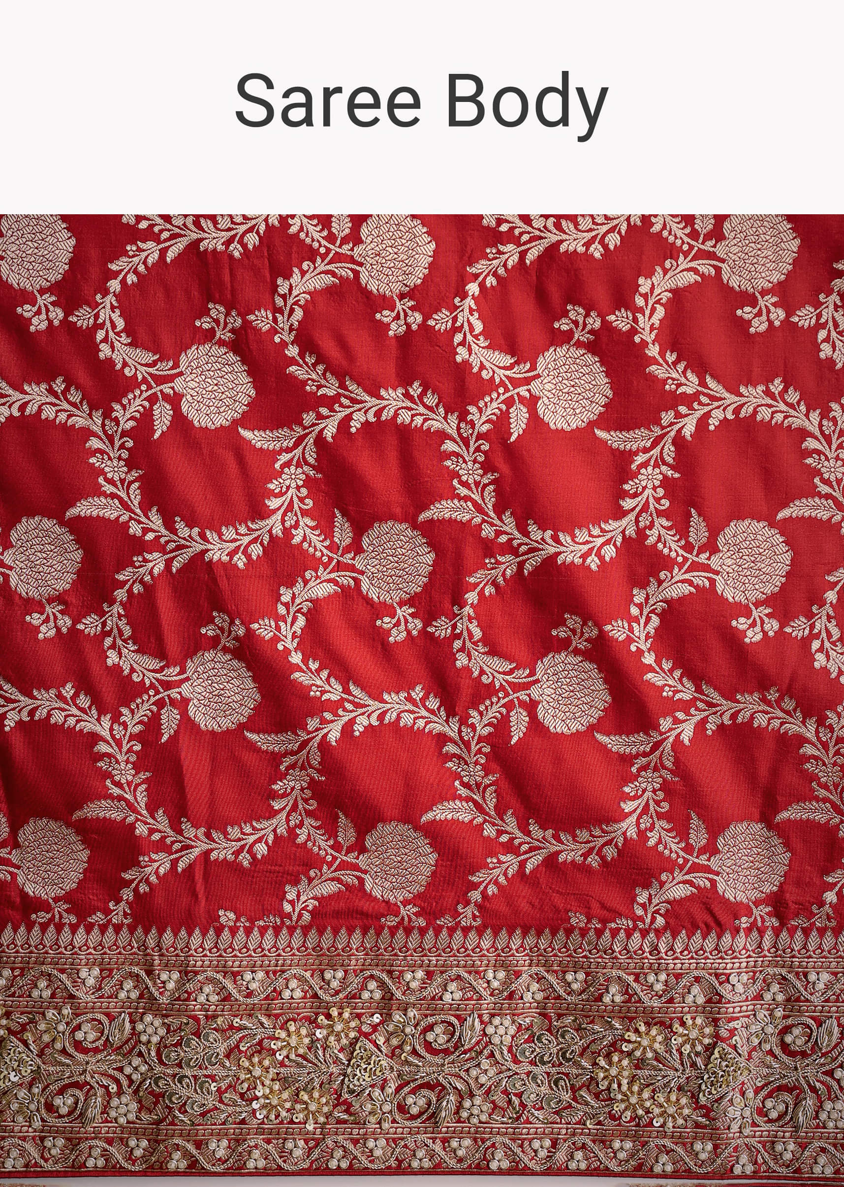Red Dola Silk Saree With Floral Jaal Work - Image 9