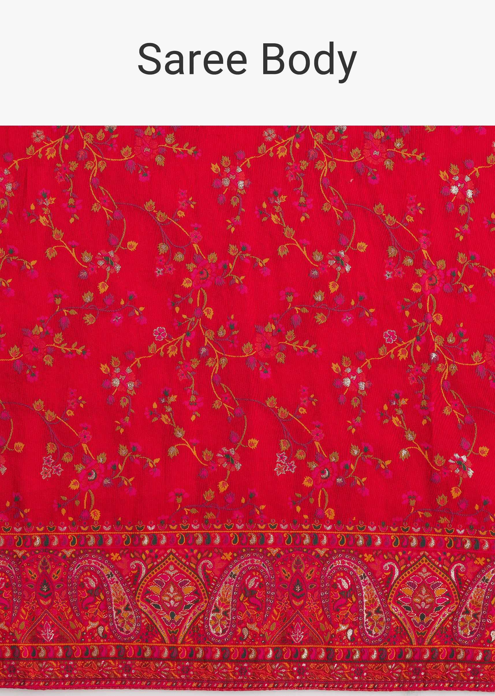 Red Dola Silk Saree With Traditional Floral And Jaal Work - Image 9