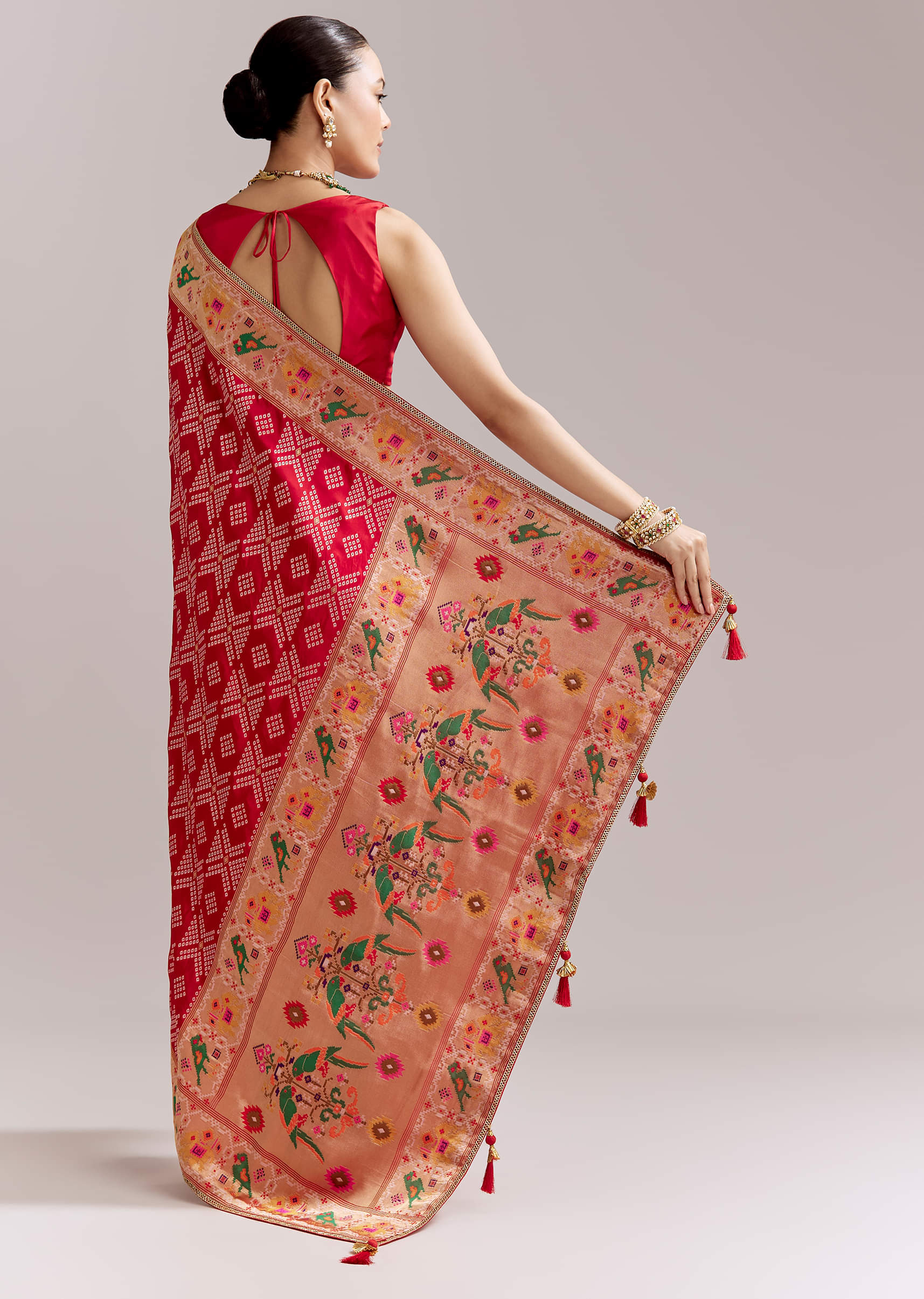 Red Dola Silk Woven Saree With Bandhani Motifs And Zari Border - Image 4