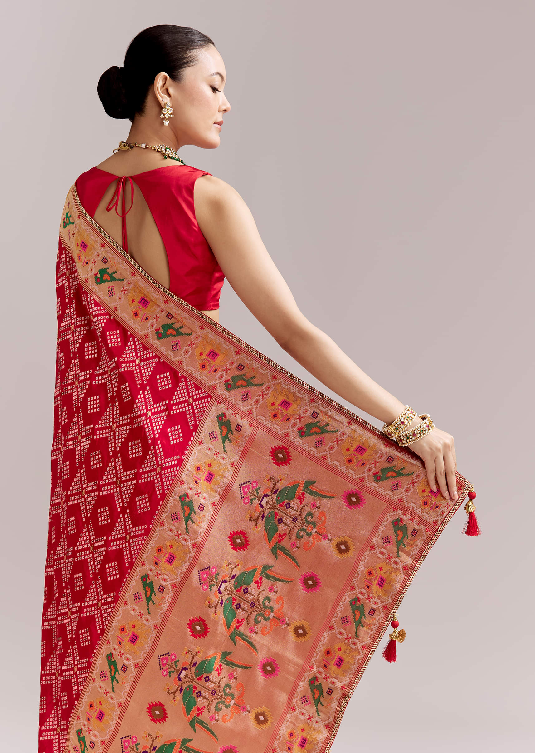 Red Dola Silk Woven Saree With Bandhani Motifs And Zari Border - Image 6