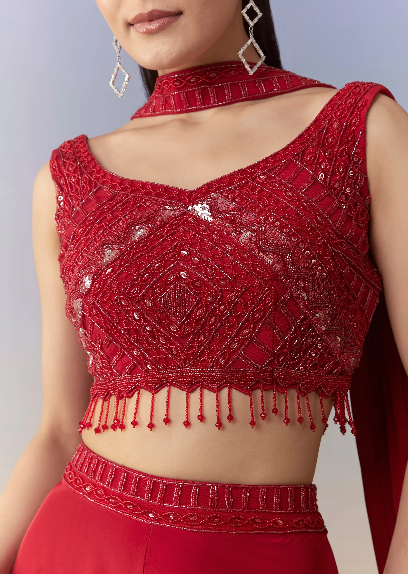 Red Embellished Indo Western Crop Top Palazzo Set - Image 2
