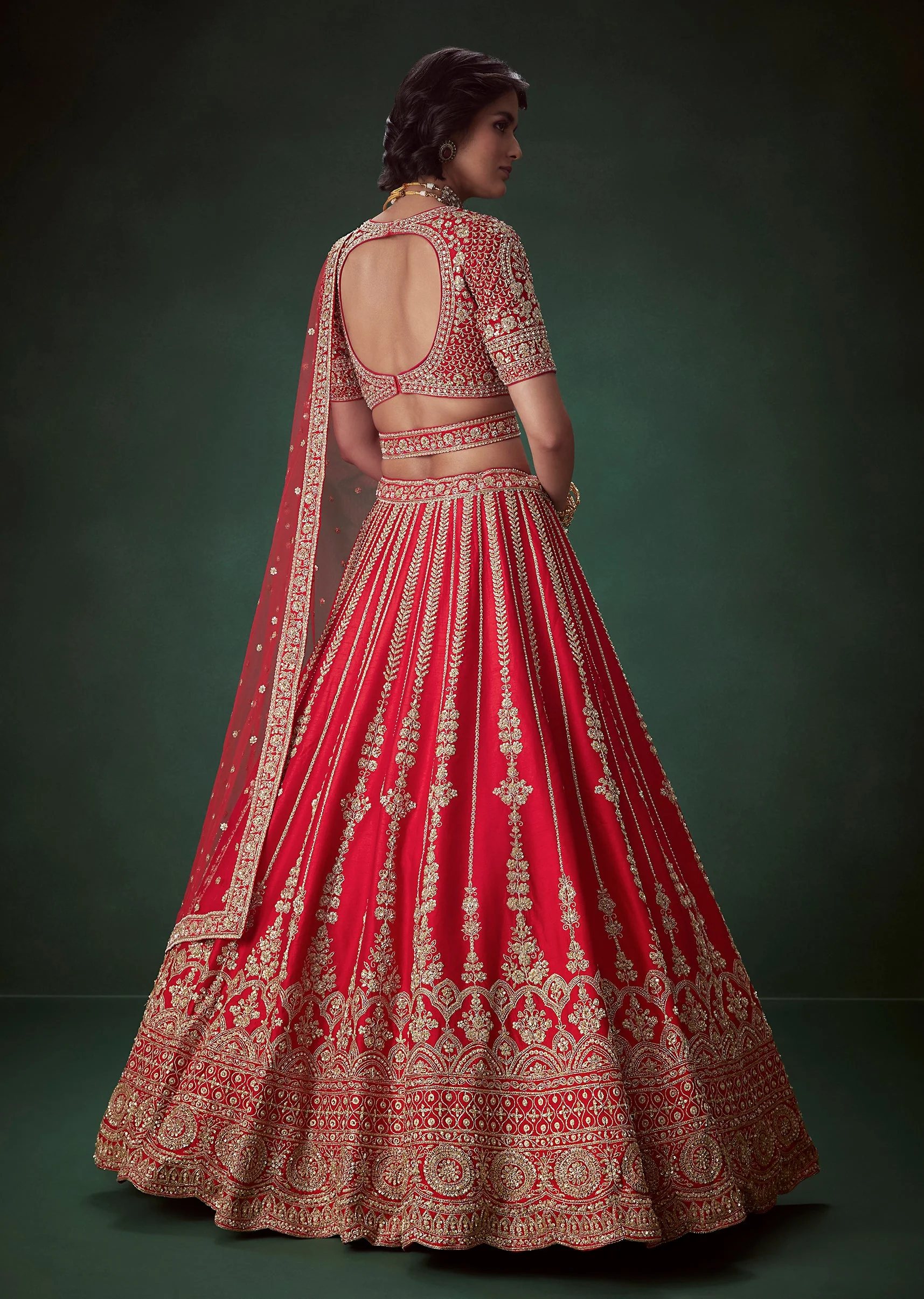 Red Embellished Satin Bridal Lehenga Set with Belt - Image 2