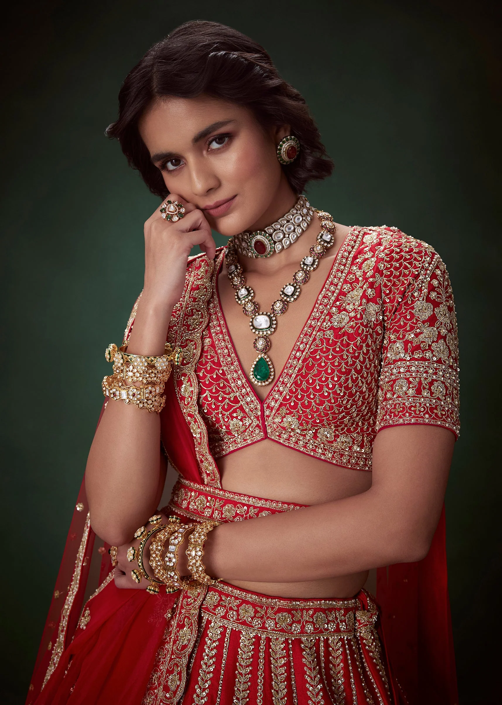 Red Embellished Satin Bridal Lehenga Set with Belt - Image 3