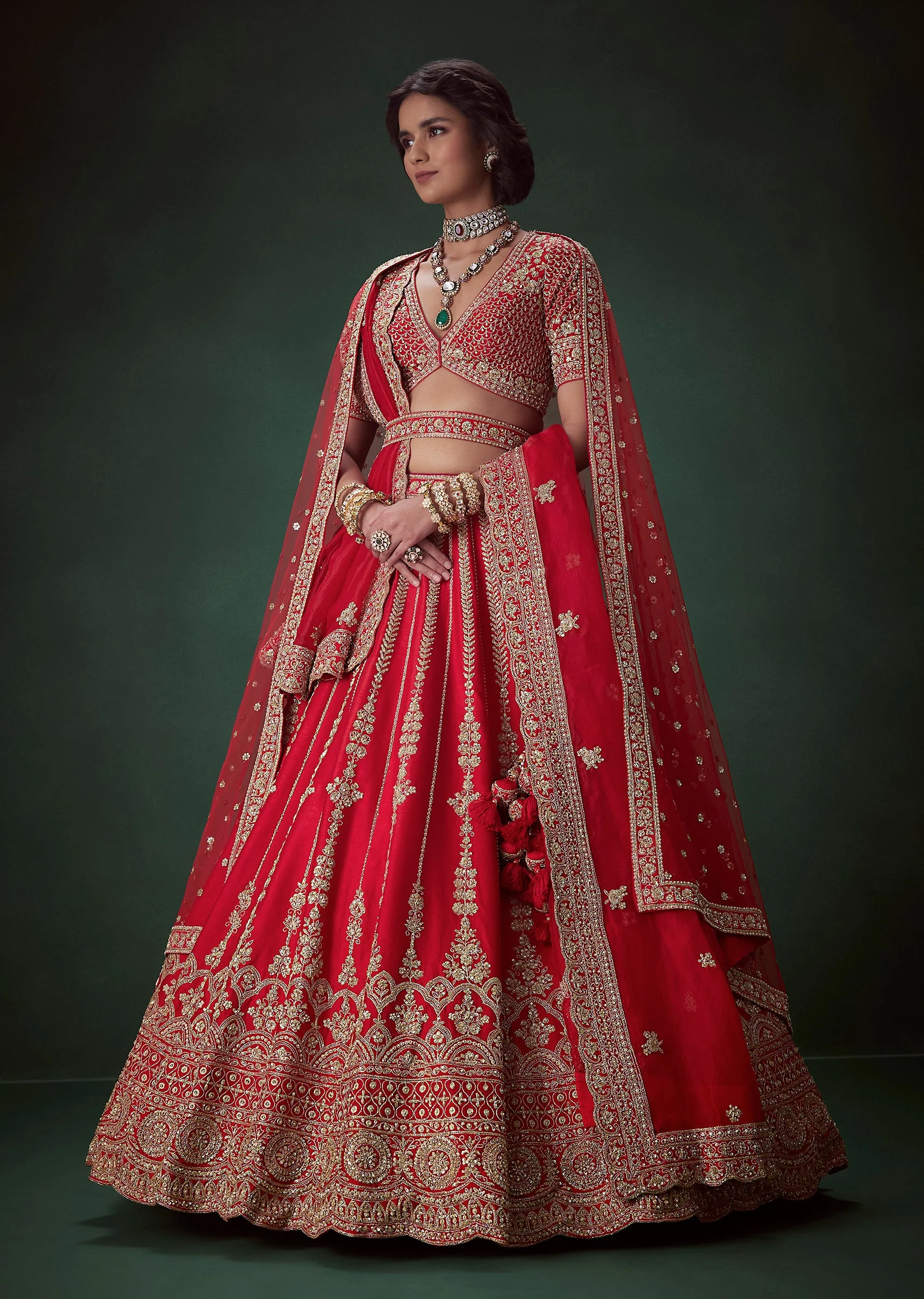 Red Embellished Satin Bridal Lehenga Set with Belt - Image 4