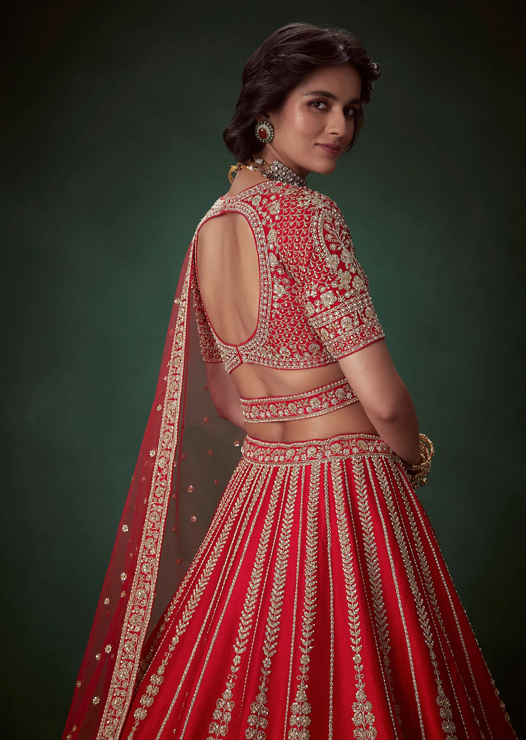 Red Embellished Satin Bridal Lehenga Set with Belt - Image 5