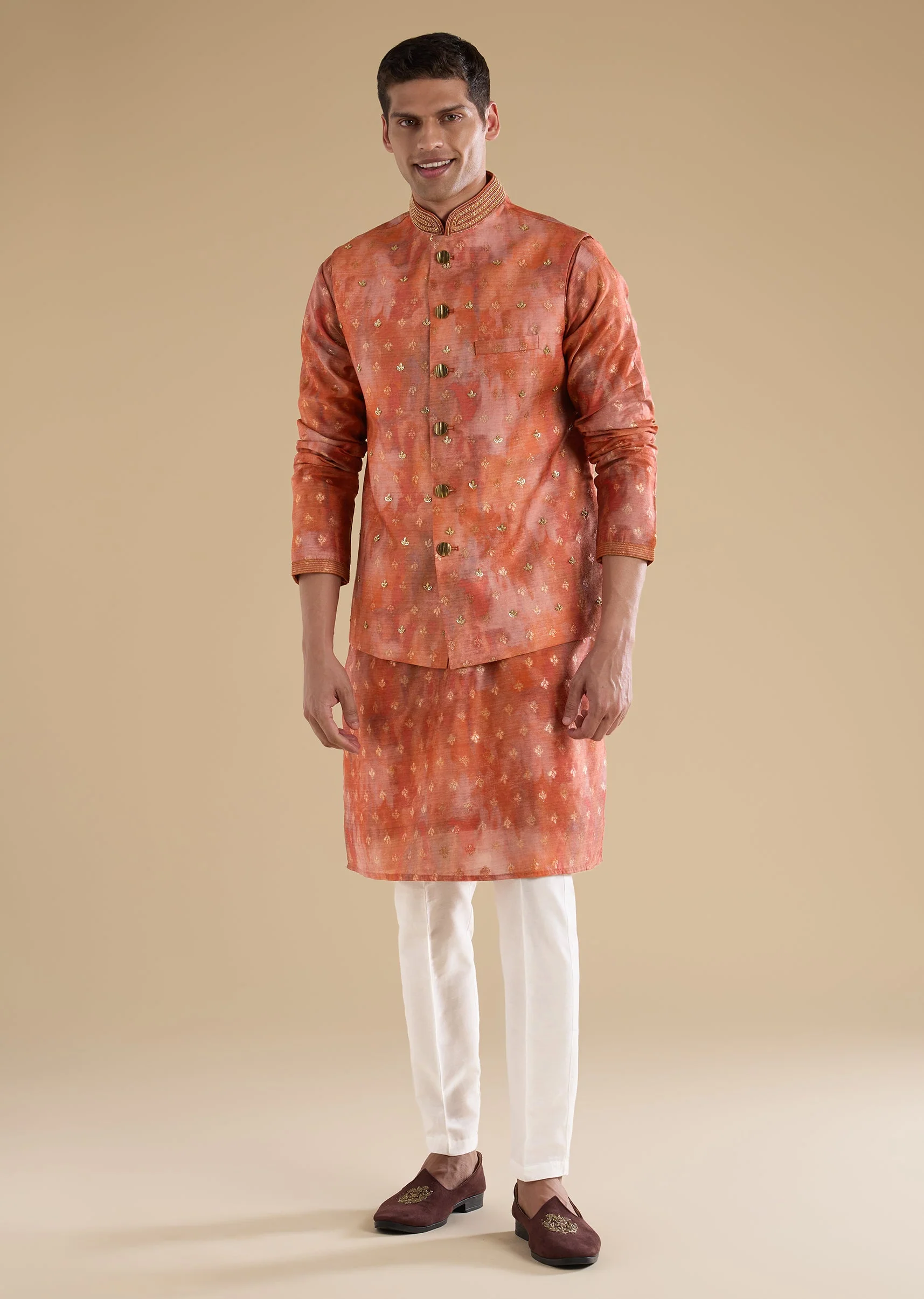 Red Embellished Silk Kurta Jacket Set - Image 3