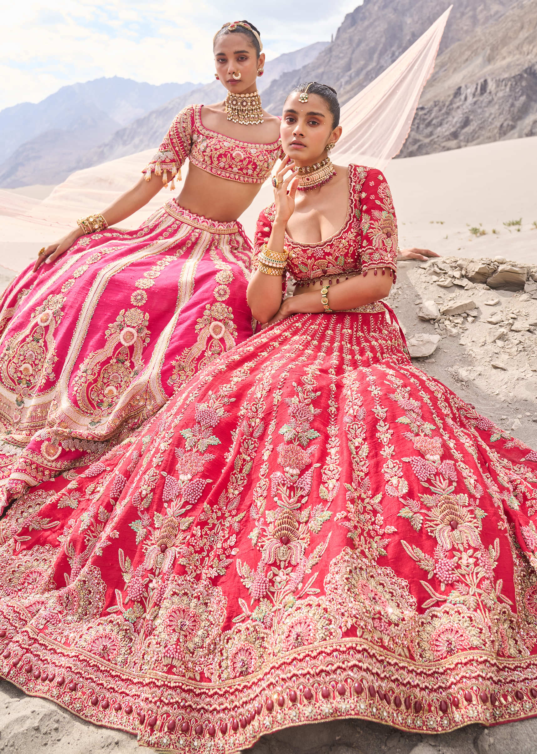 Red Embroidered Bridal Lehenga Blouse With Two Dupattas - Image 4