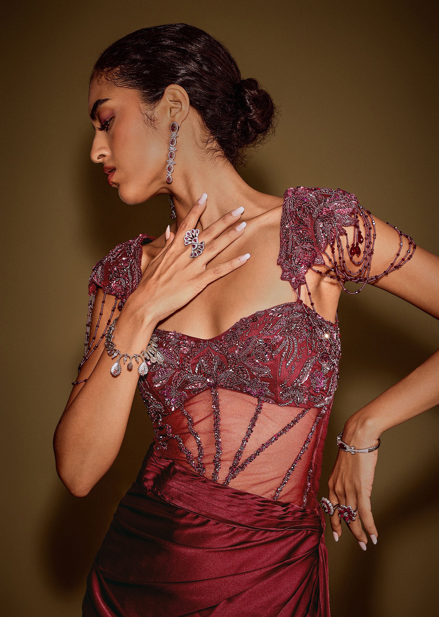 Red Embroidered Corset Gown With Attached Tassel Cape - Image 4