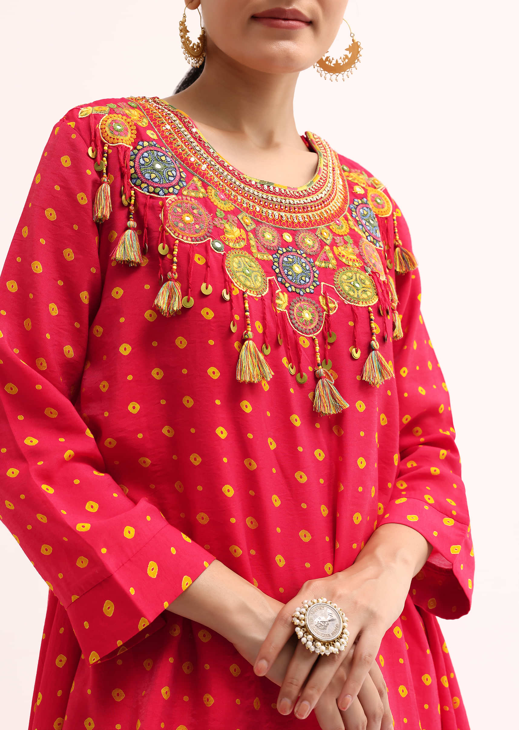 Red Embroidered Cotton Kurta Dhoti - Image 2