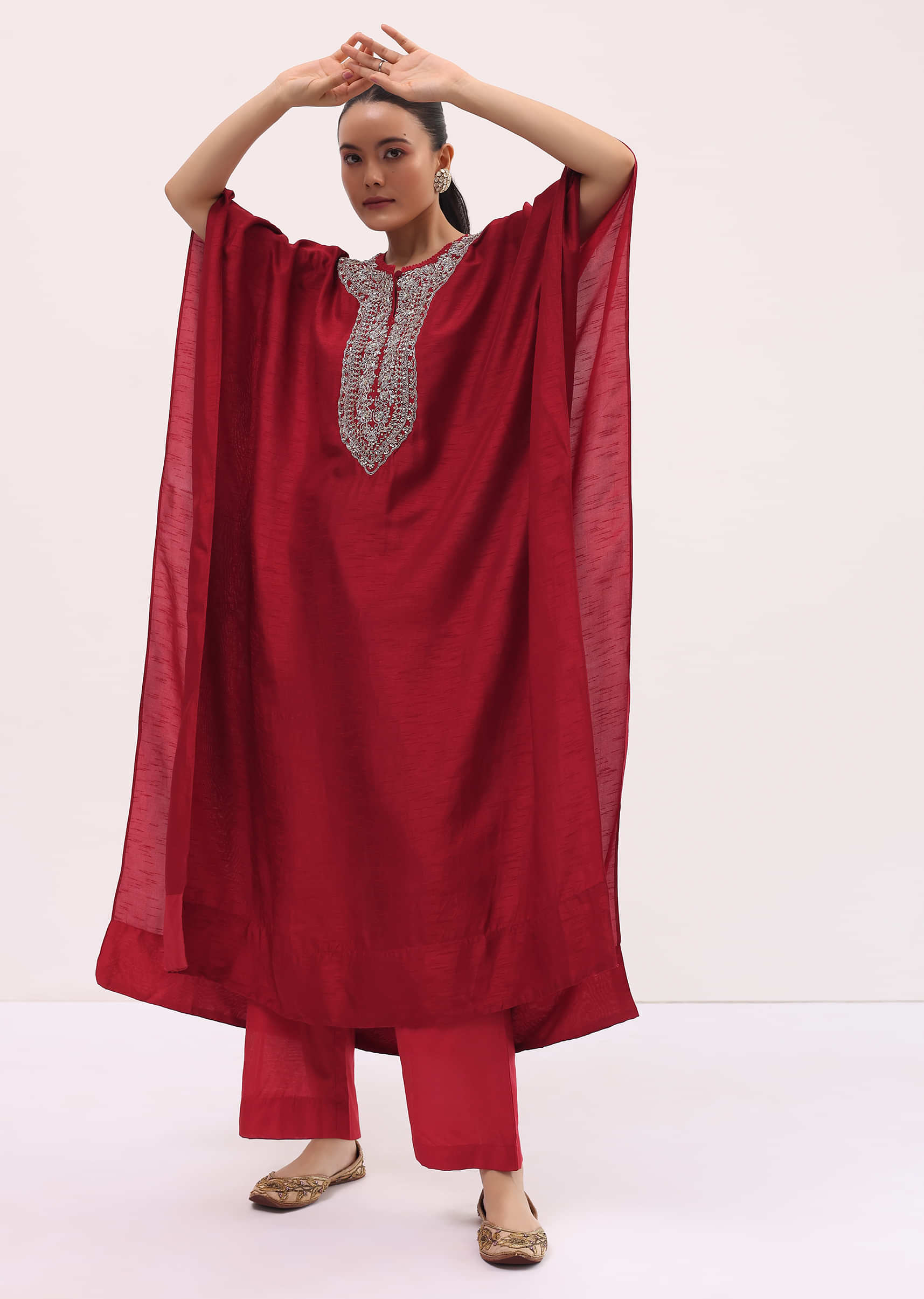 Red Embroidered Kaftaan Kurta Pant Set - Image 3