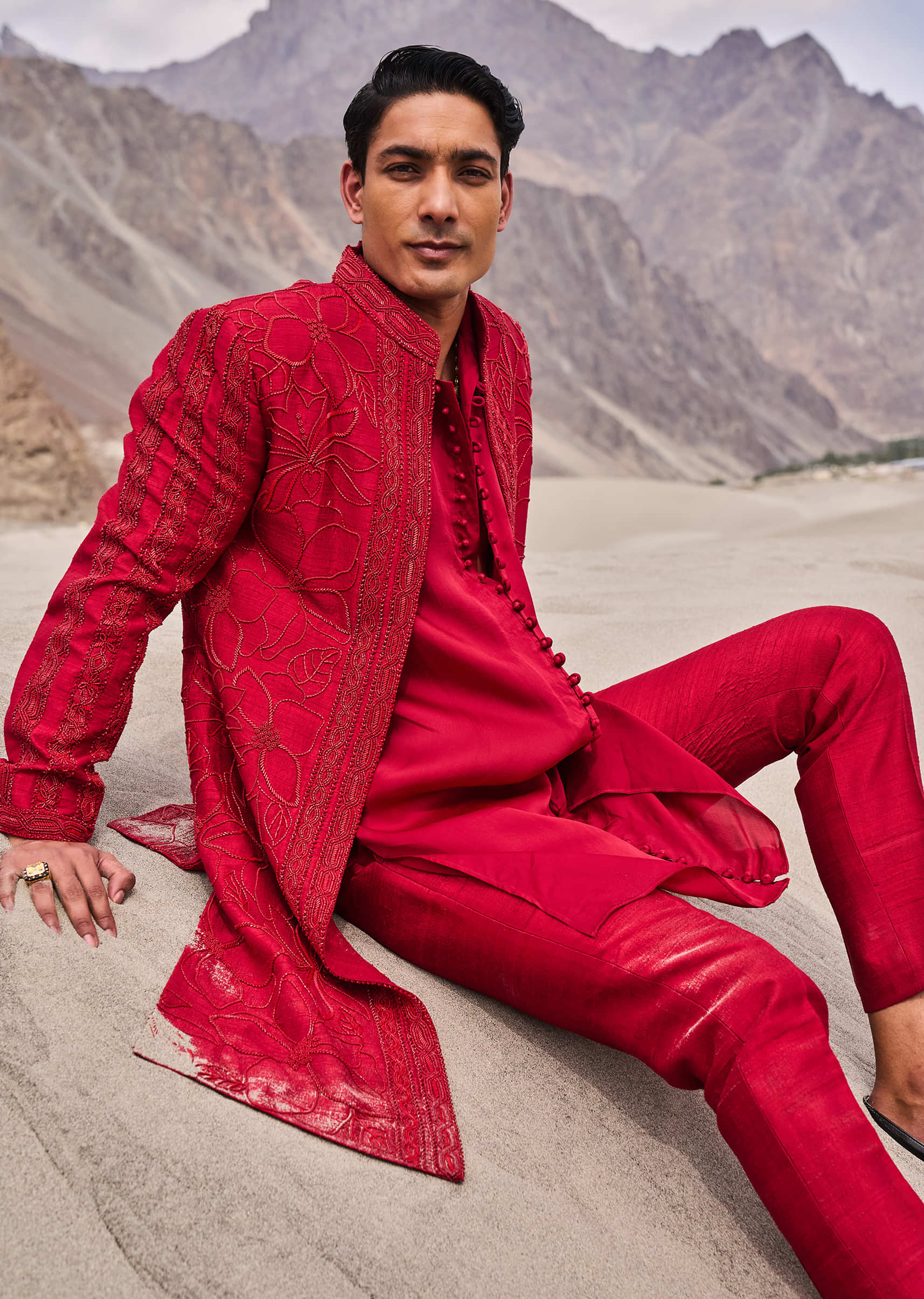 Red Embroidered Long Sherwani Suit With Dupatta - Image 5